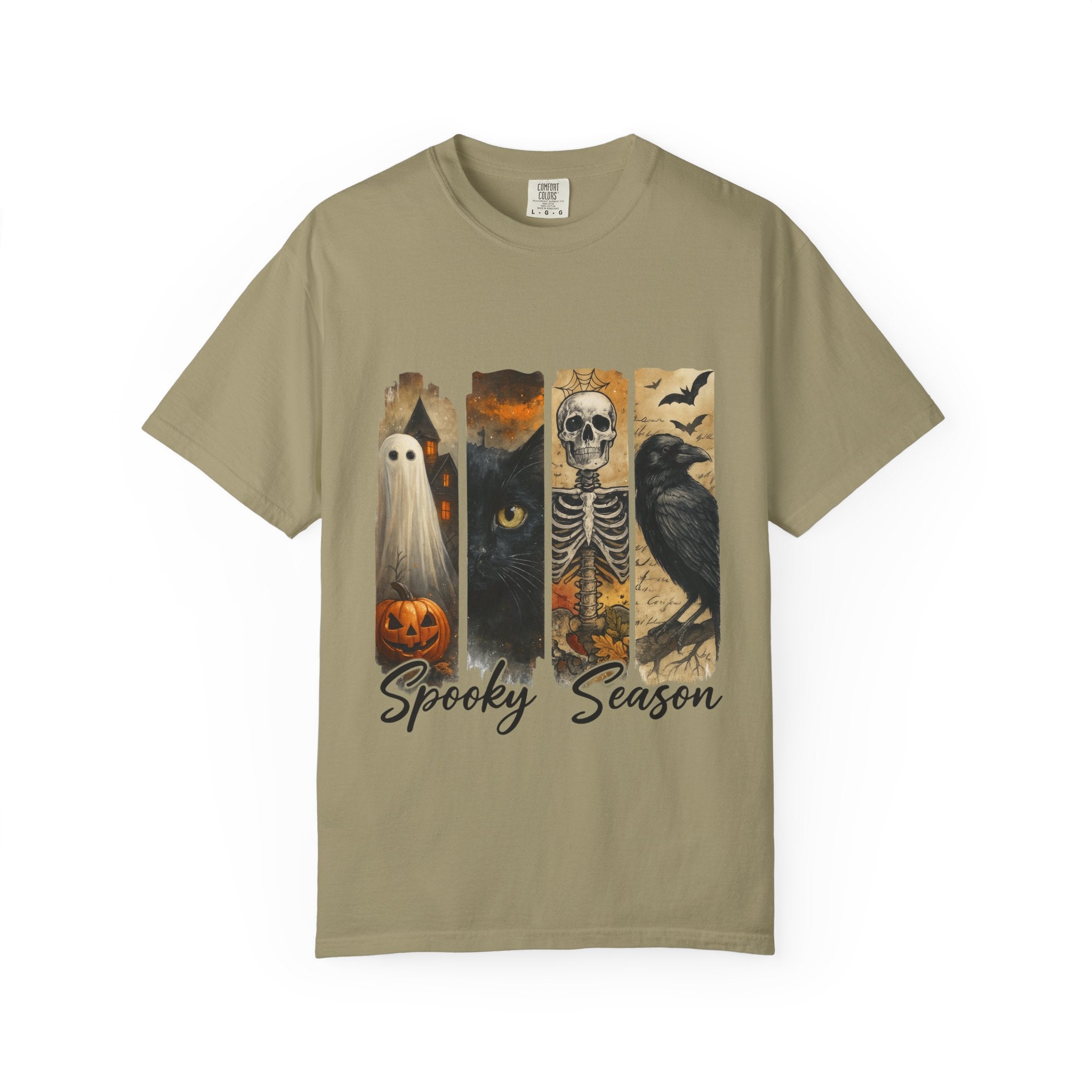 Spooky Season Gothic Halloween T-Shirt – Ghost, Black Cat, Skeleton & Raven Design