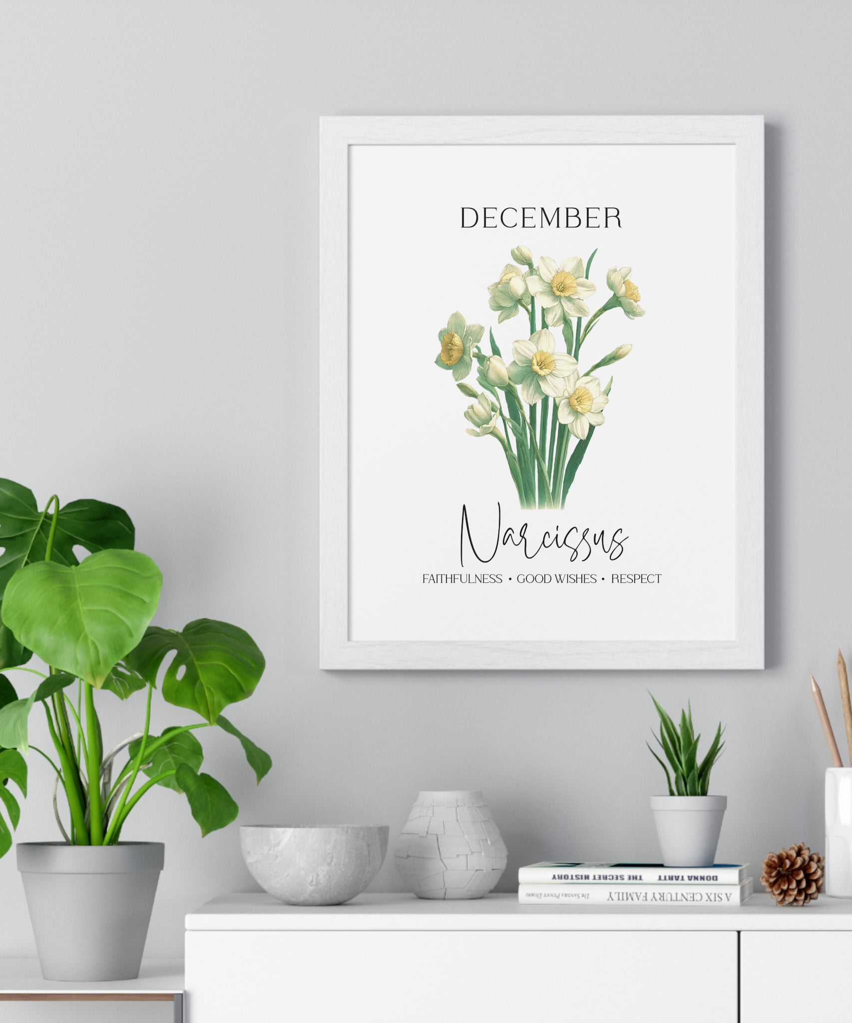 December Birth Month Flower Wall Art – Narcissus Illustration in Wooden Frame | Faithfulness, Good Wishes & Respect