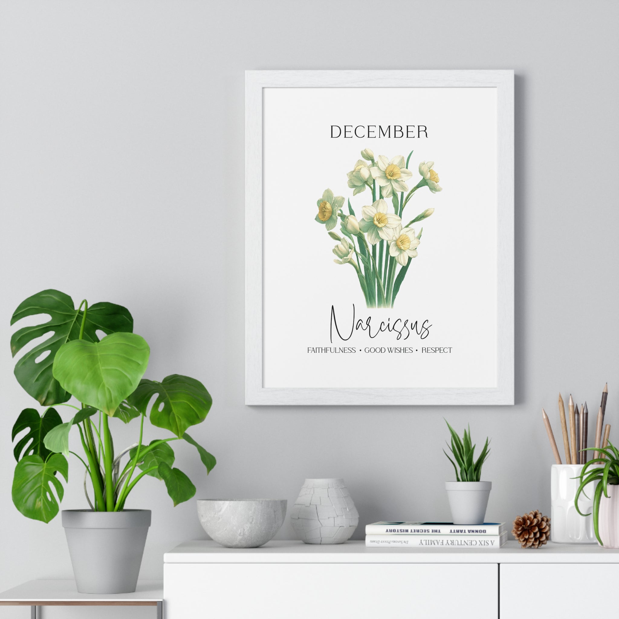 December Birth Month Flower Wall Art – Narcissus Illustration in Wooden Frame | Faithfulness, Good Wishes & Respect