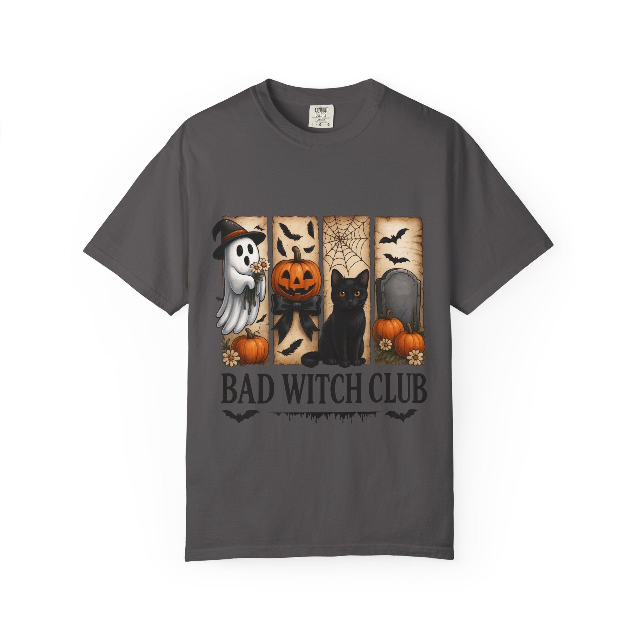 Bad Witch Club Halloween T-Shirt – Cute Ghost, Black Cat, Pumpkin & Spooky Gothic Design