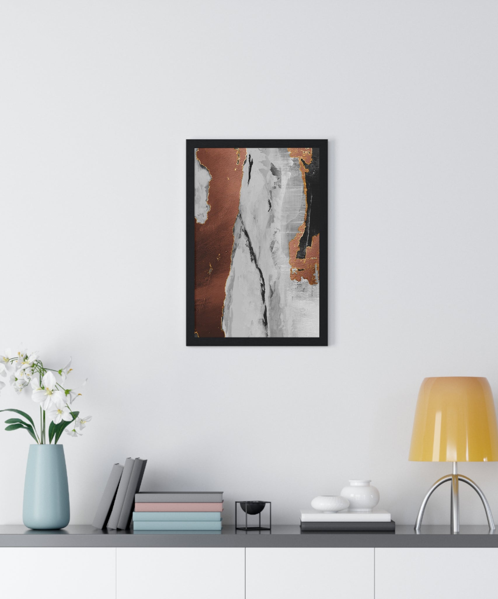Luxury Abstract Wall Art Poster – Metallic Copper & Marble Texture on Wooden Frame – Modern Home Décor