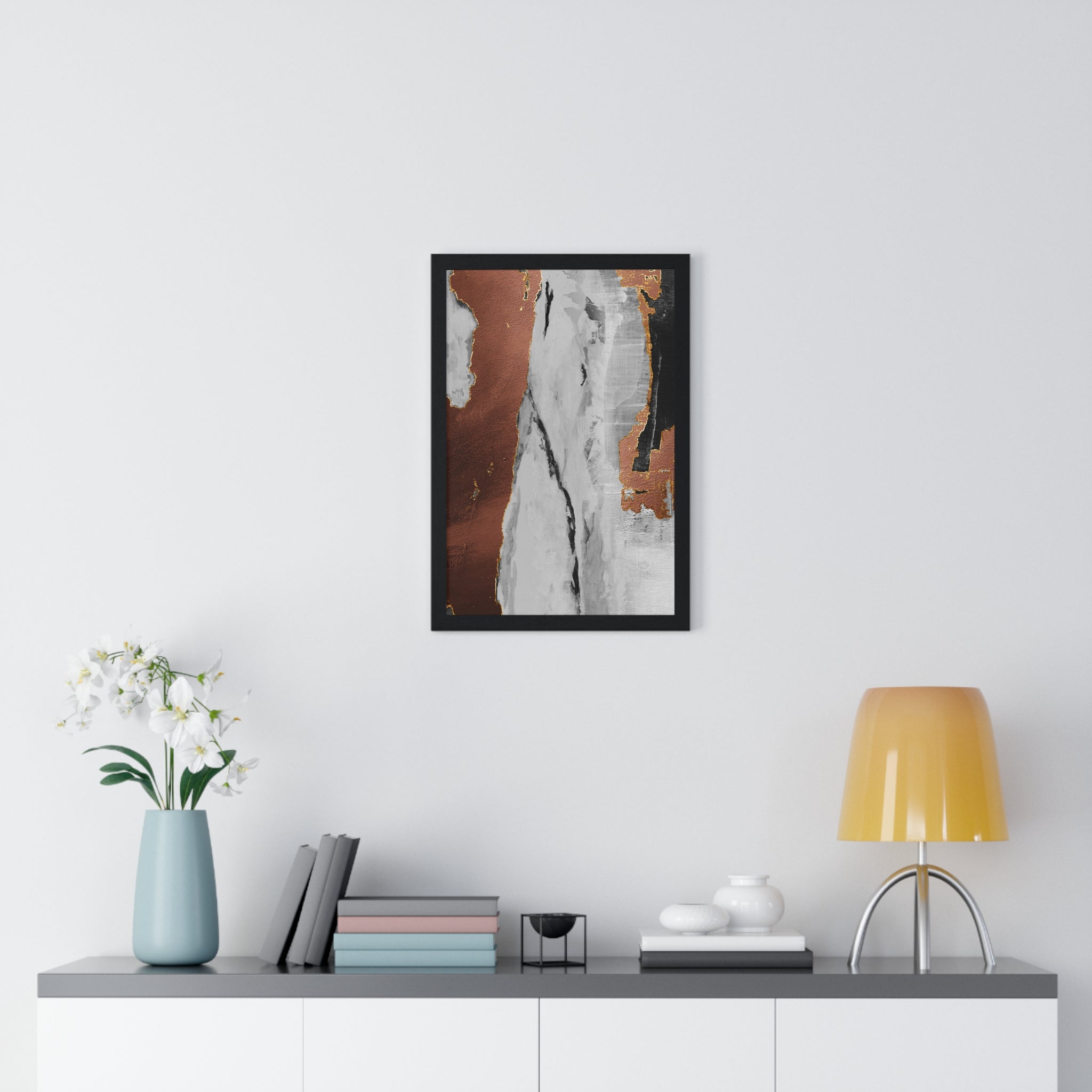 Luxury Abstract Wall Art Poster – Metallic Copper & Marble Texture on Wooden Frame – Modern Home Décor