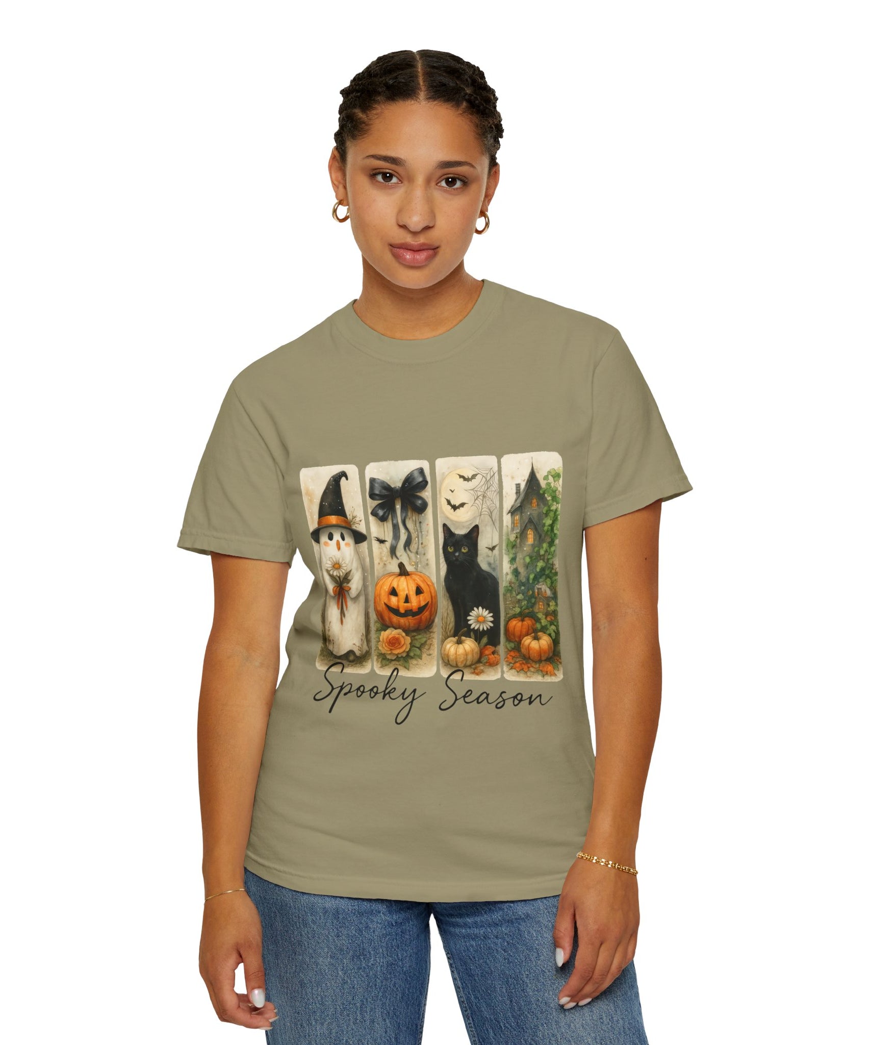 Vintage Halloween Unisex T-Shirt – Cute Ghost, Black Cat, Pumpkin & Haunted House Art - Gallory Hive