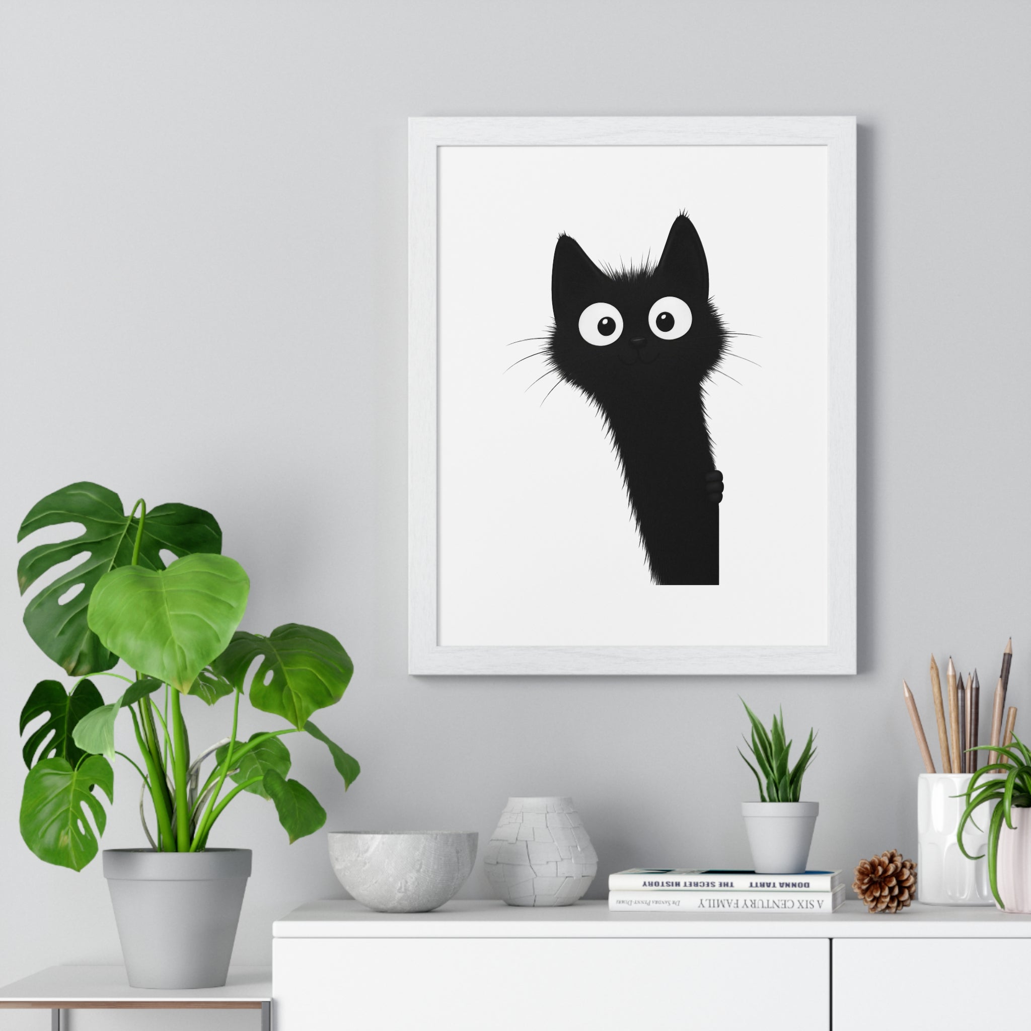 Wooden Frame Wall Decor with Playful Black Cat Print
