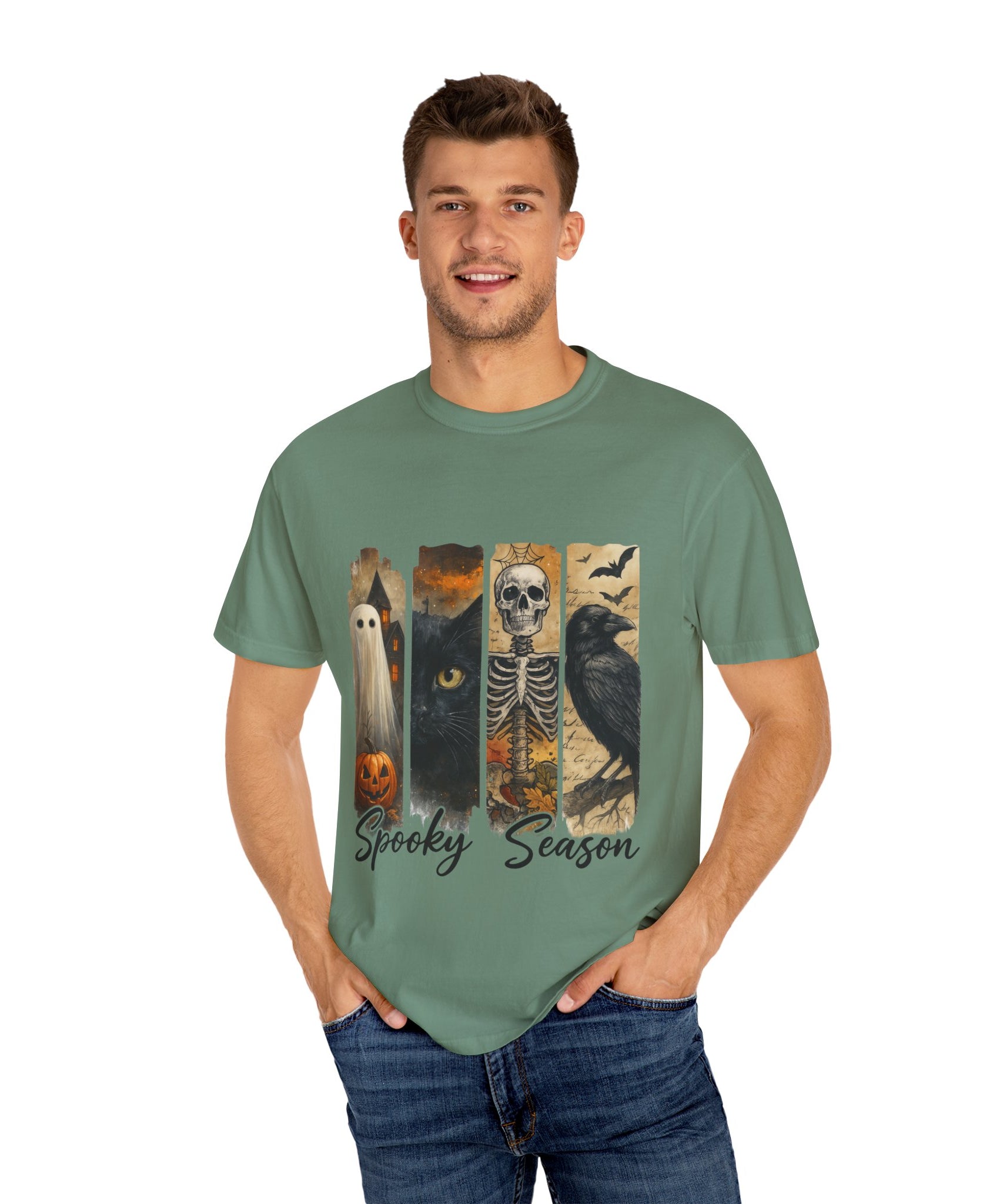 Spooky Season Gothic Halloween T-Shirt – Ghost, Black Cat, Skeleton & Raven Design - Gallory Hive