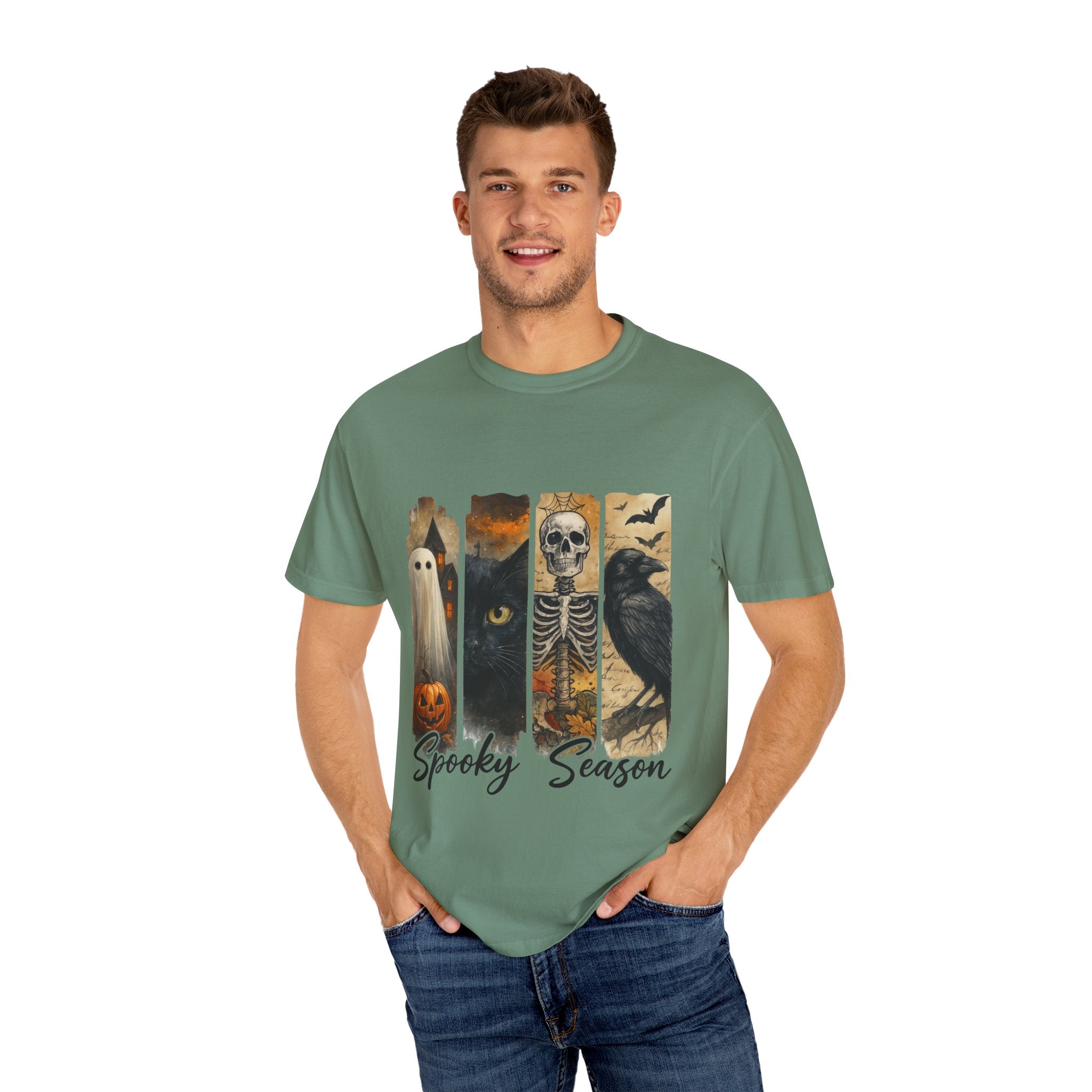 Spooky Season Gothic Halloween T-Shirt – Ghost, Black Cat, Skeleton & Raven Design