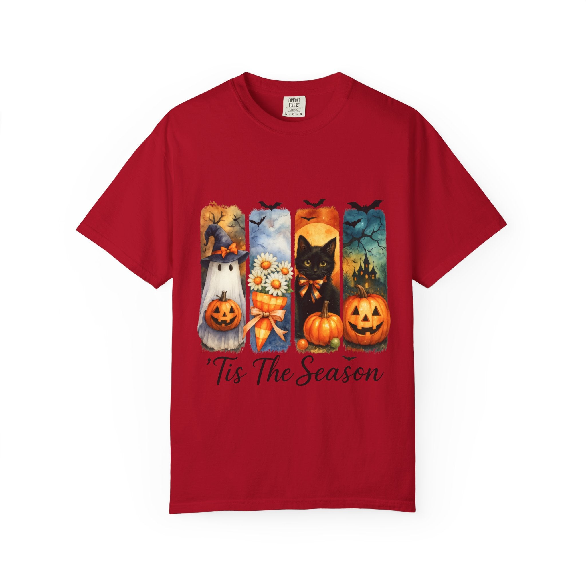 Whimsical Halloween T-Shirt – Ghost, Black Cat, Pumpkins & Haunted House Design