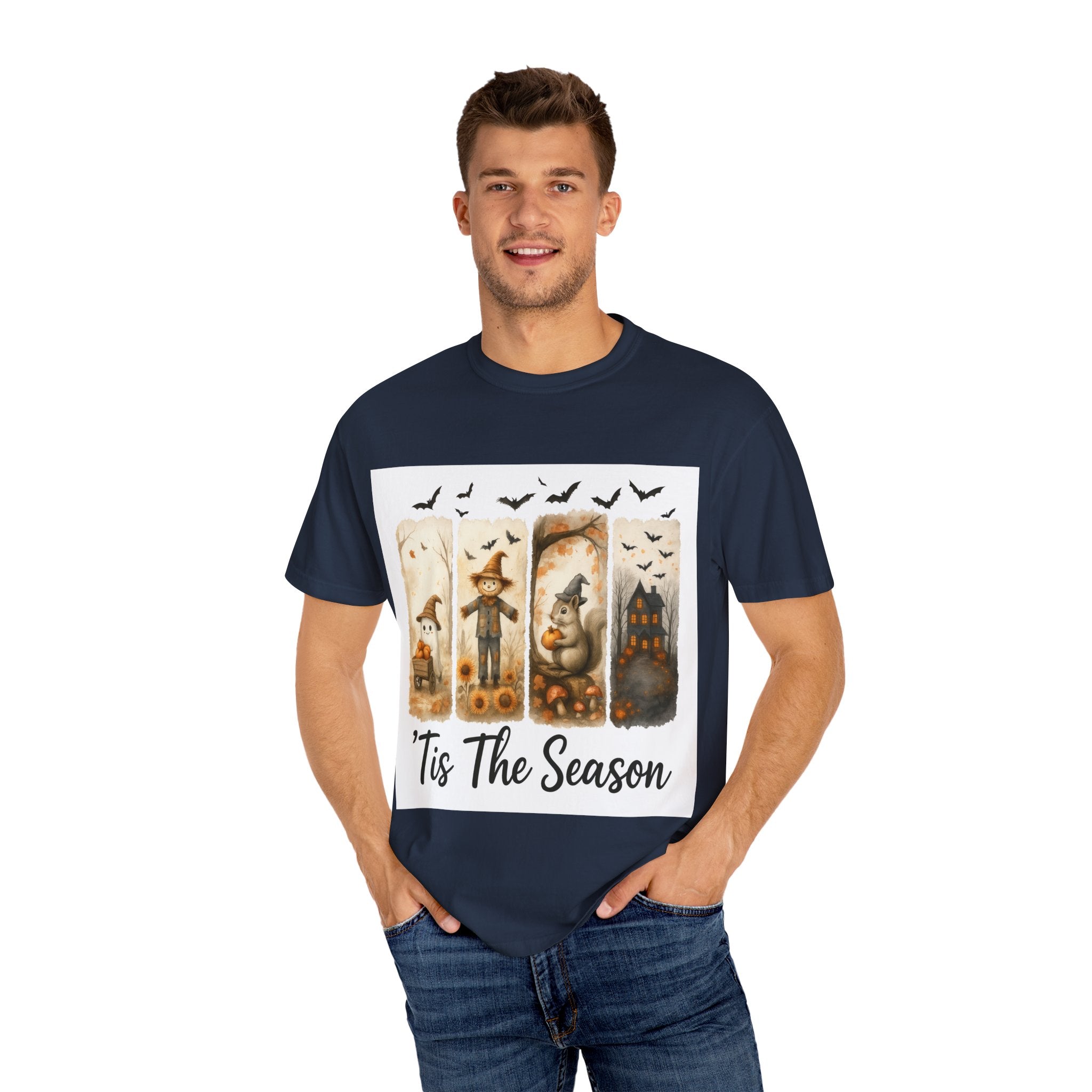Tis The Season Fall Halloween T-Shirt – Cute Ghost, Scarecrow, Squirrel & Haunted House Design