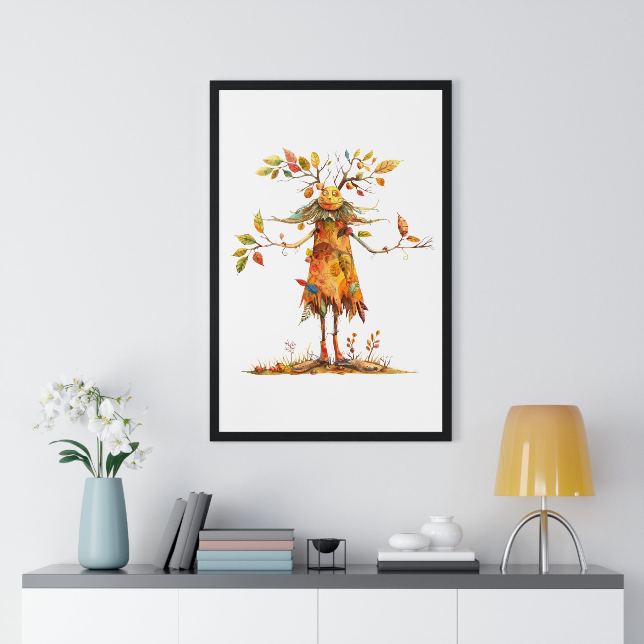 Whimsical Autumn Tree Spirit Wooden Framed Wall Art