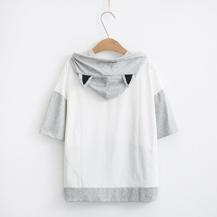 Small fresh everything Japanese little women's cute soft sister hoodie summer clothes new cat hooded short sleeve T-shirt 62