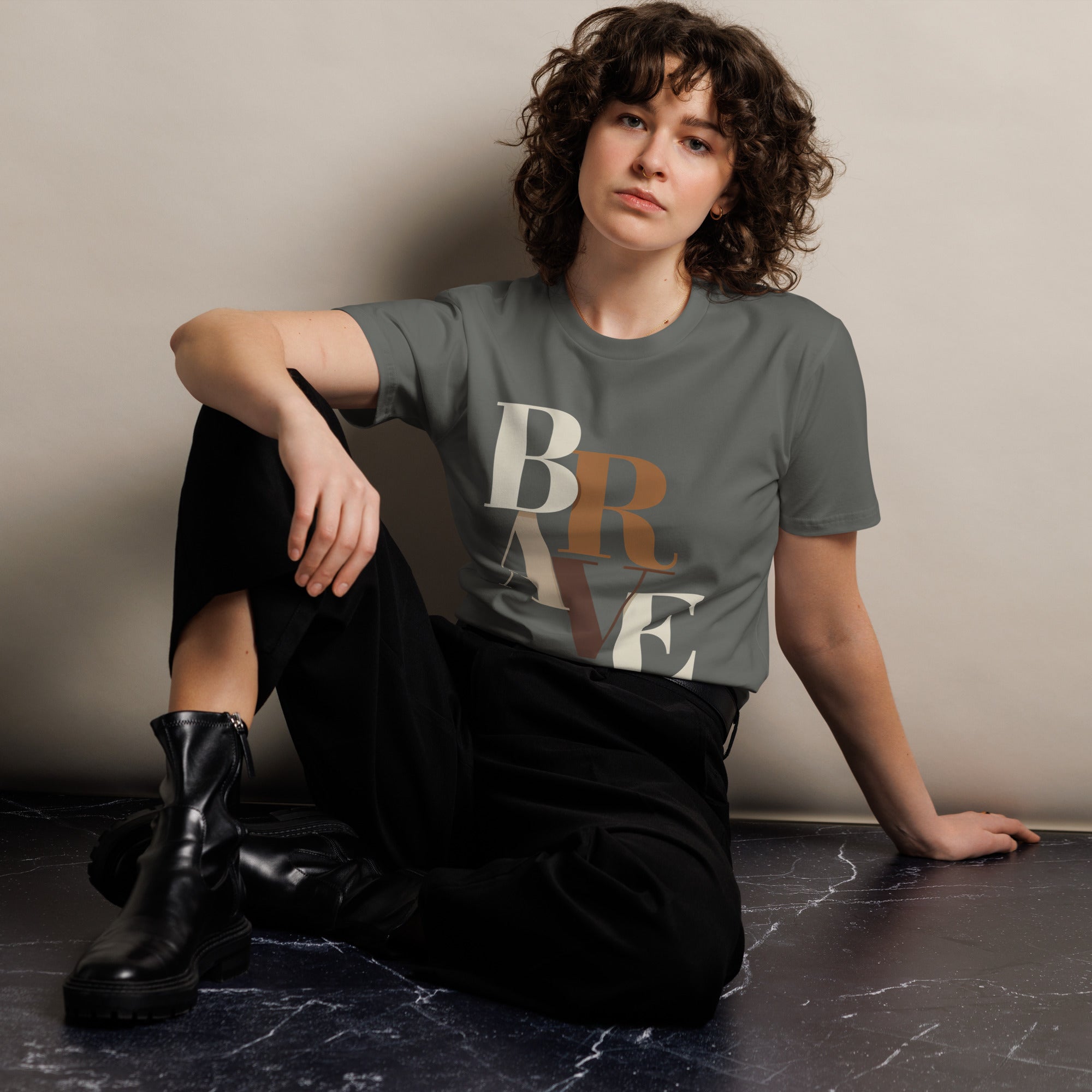 BRAVE Minimalist Neutral Typography Premium T-Shirt | Gallory Hive