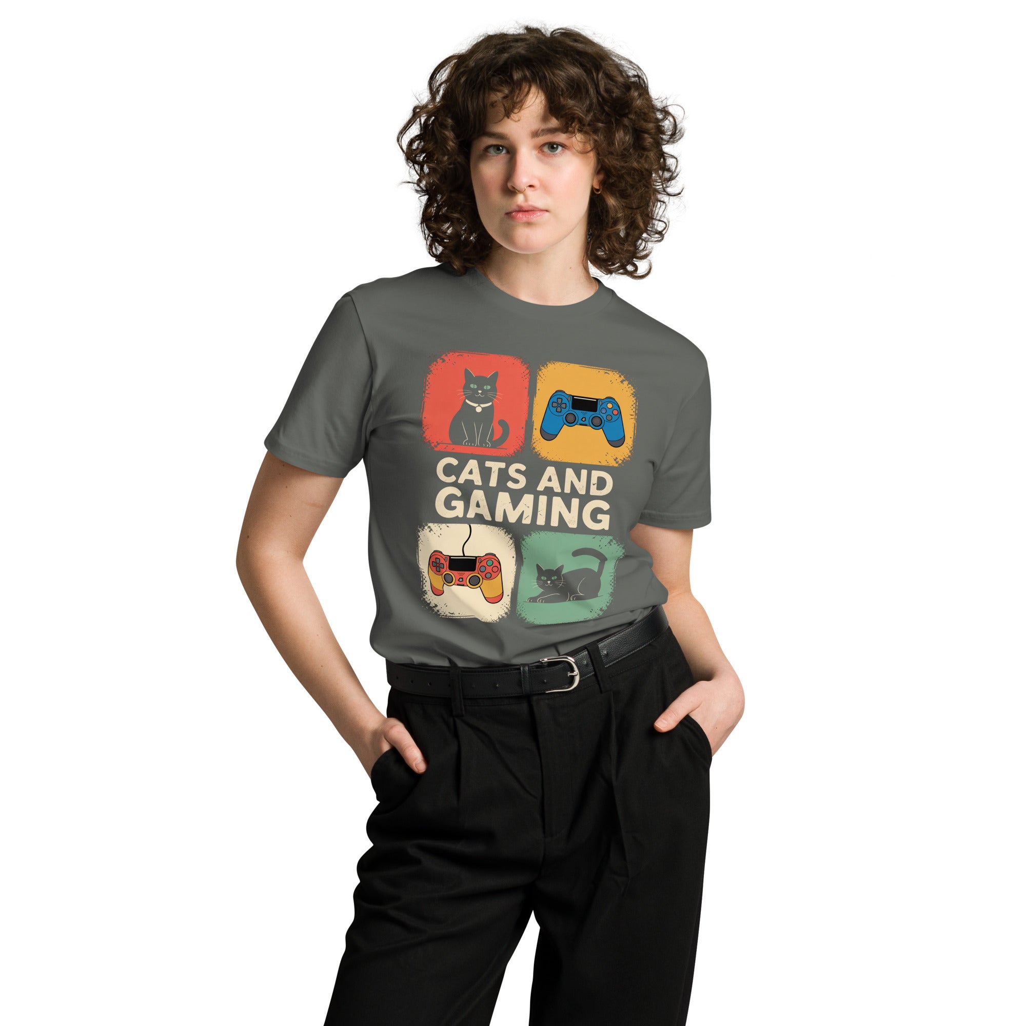 Cats and Gaming Funny Unisex Premium Cotton T-Shirt | Gallory Hive
