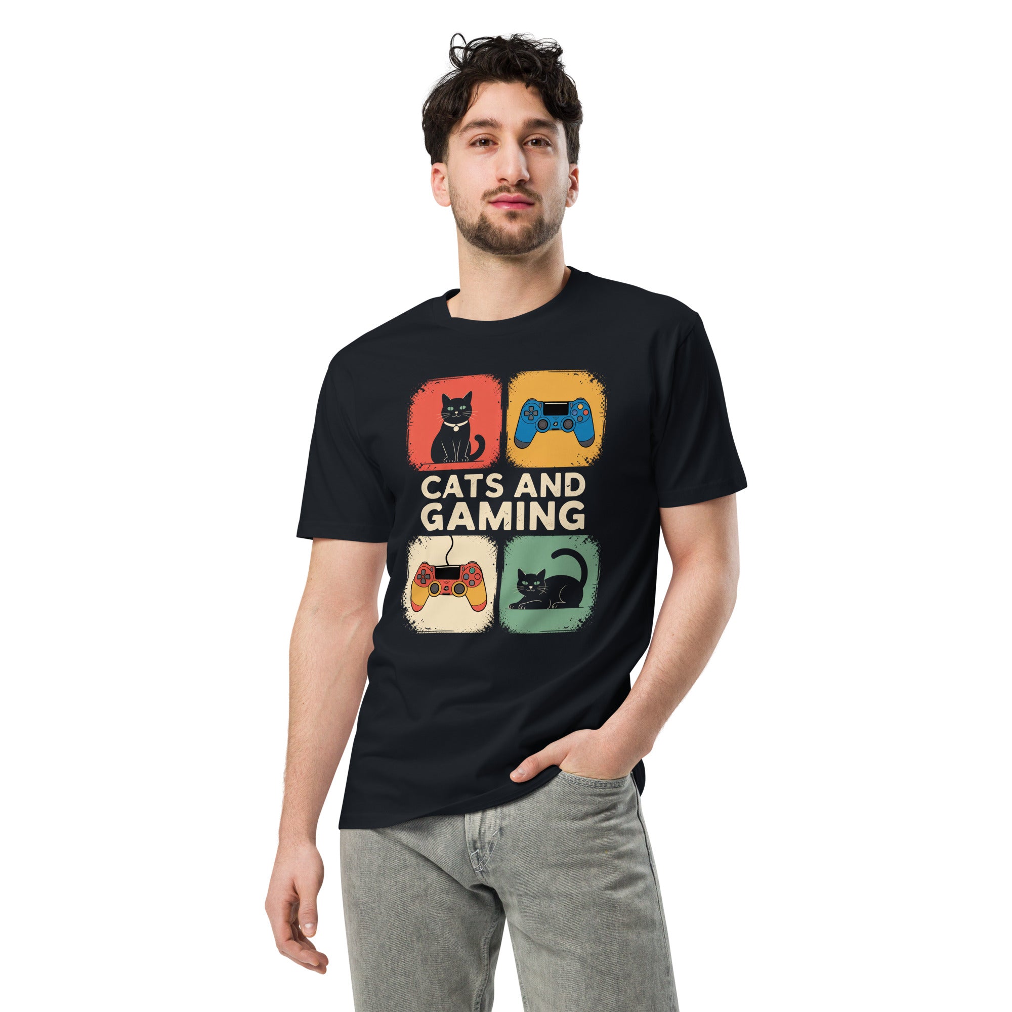 Cats and Gaming Funny Unisex Premium Cotton T-Shirt | Gallory Hive