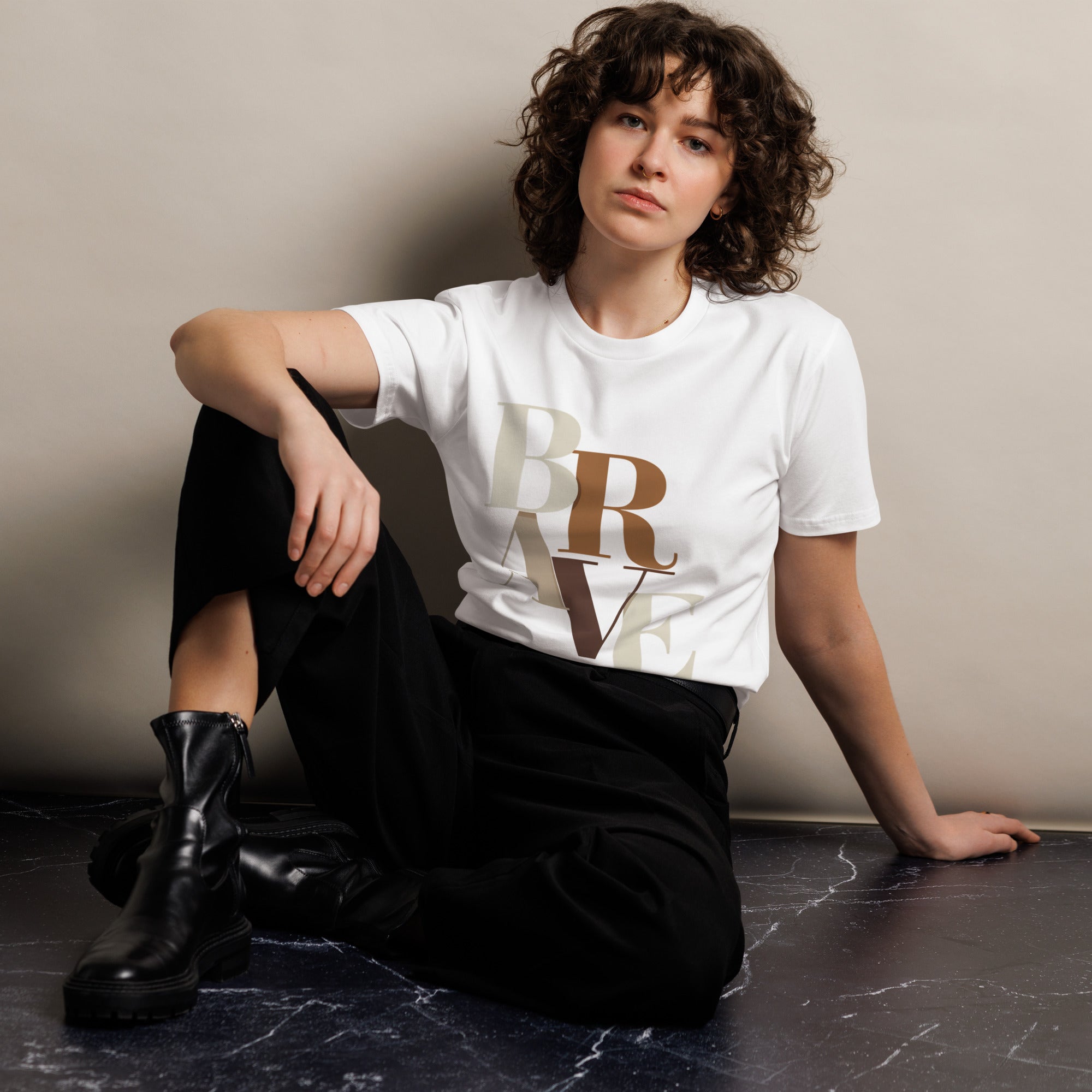 BRAVE Minimalist Neutral Typography Premium T-Shirt | Gallory Hive