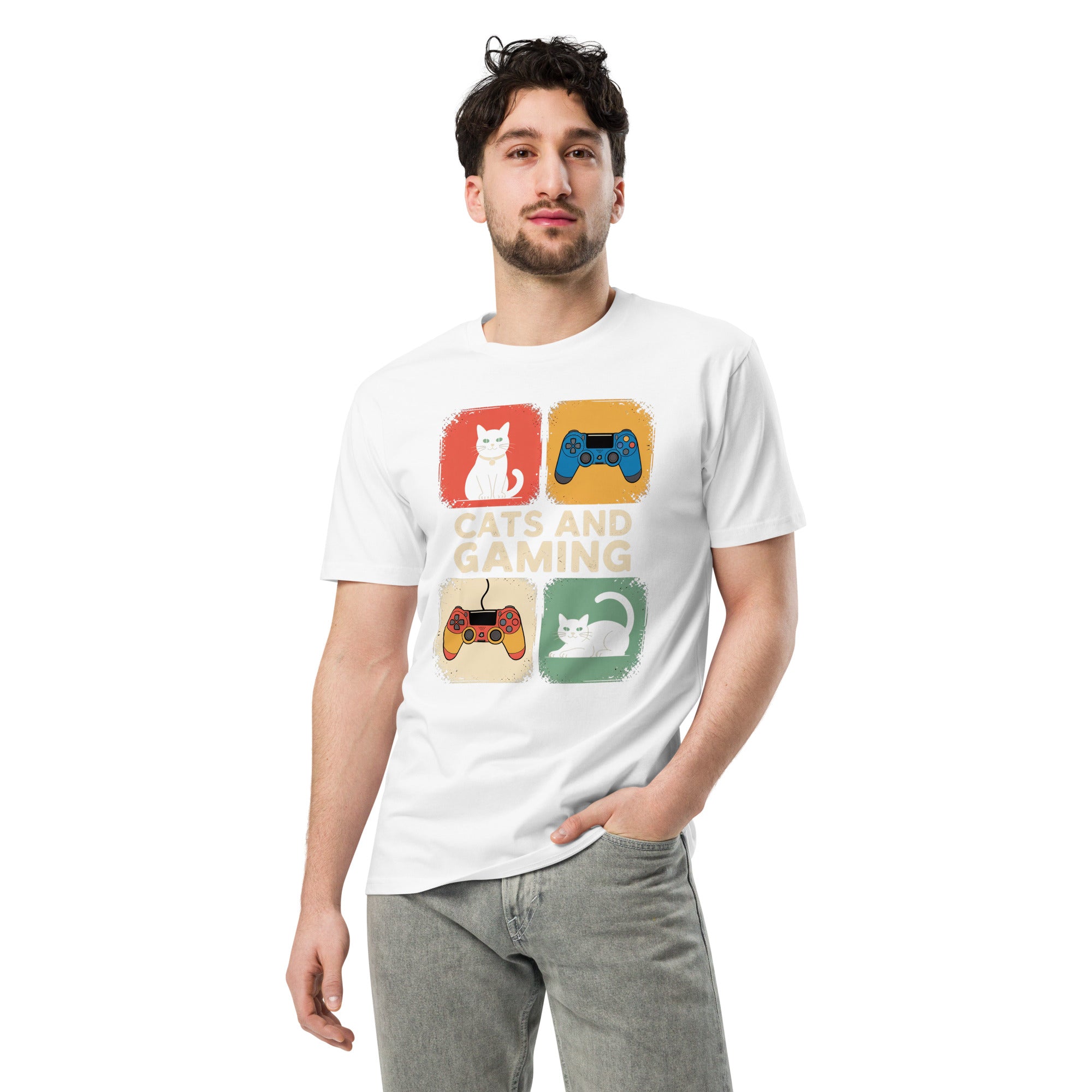 Cats and Gaming Funny Unisex Premium Cotton T-Shirt | Gallory Hive