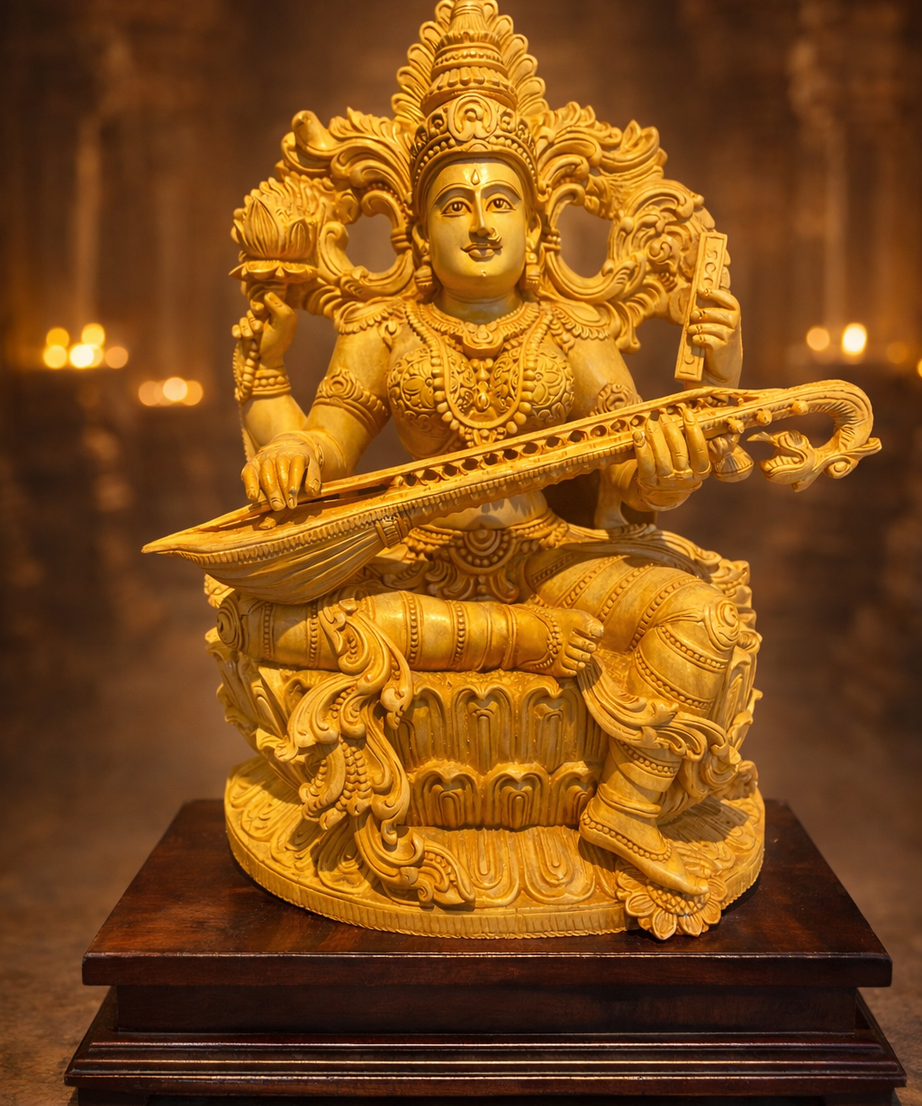 Handmade Sitting Saraswati Wooden Sculpture | Gallory Hive