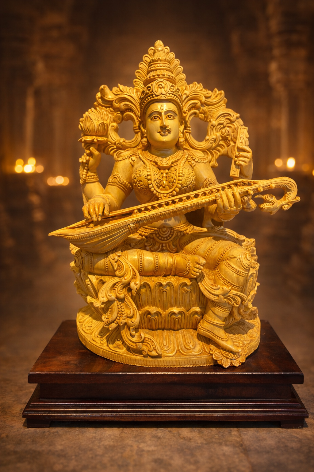 Handmade Sitting Saraswati Wooden Sculpture | Gallory Hive