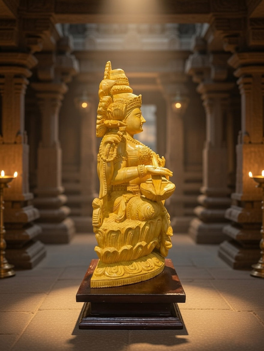 Handmade Sitting Saraswati Wooden Sculpture | Gallory Hive