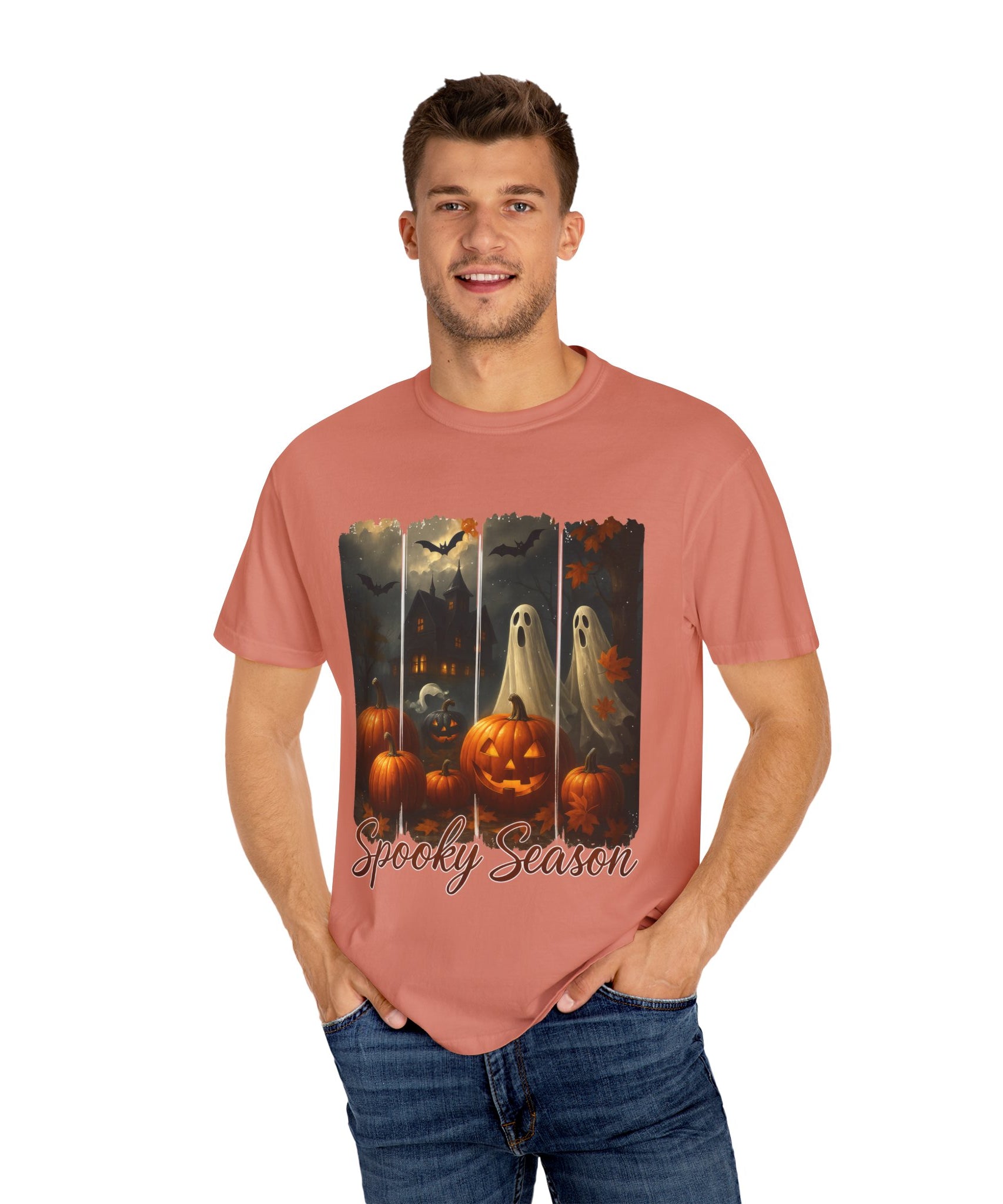 Spooky Season Unisex Halloween T-Shirt – Haunted House, Pumpkins & Ghosts Fall Design - Gallory Hive