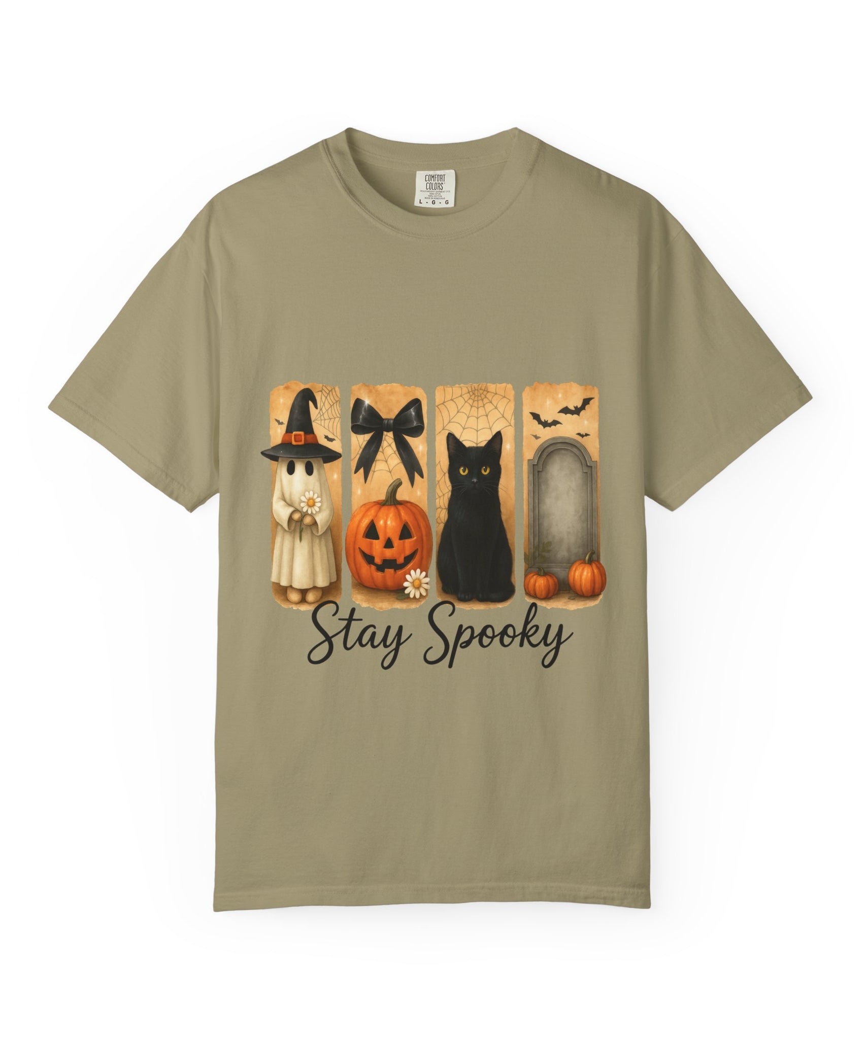 Cute Halloween T-Shirt – Ghost in Witch Hat, Pumpkin, Black Cat & Tombstone Design - Gallory Hive