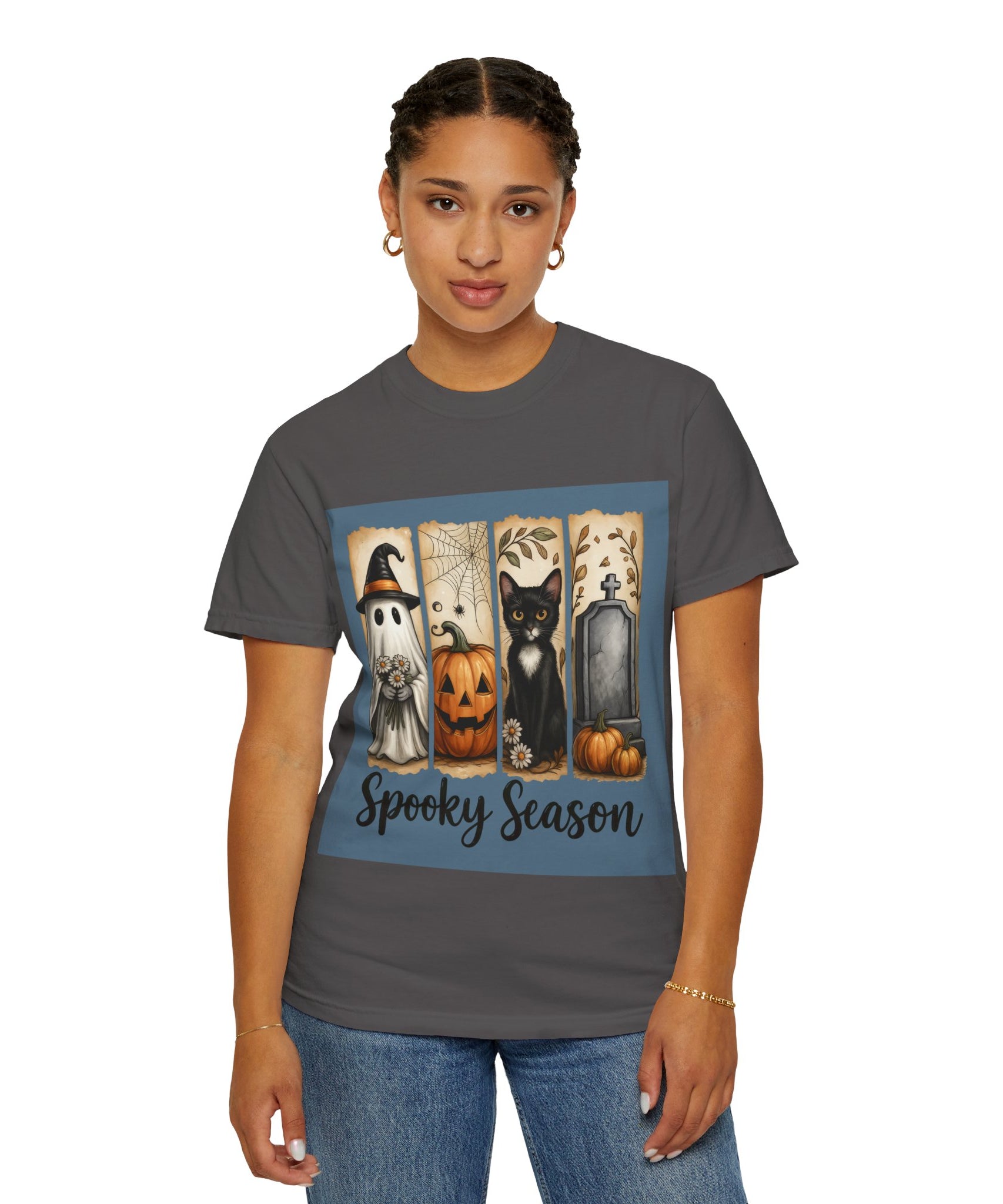 Spooky Season Halloween Unisex T-Shirt – Ghost, Cat & Pumpkin Design - Gallory Hive