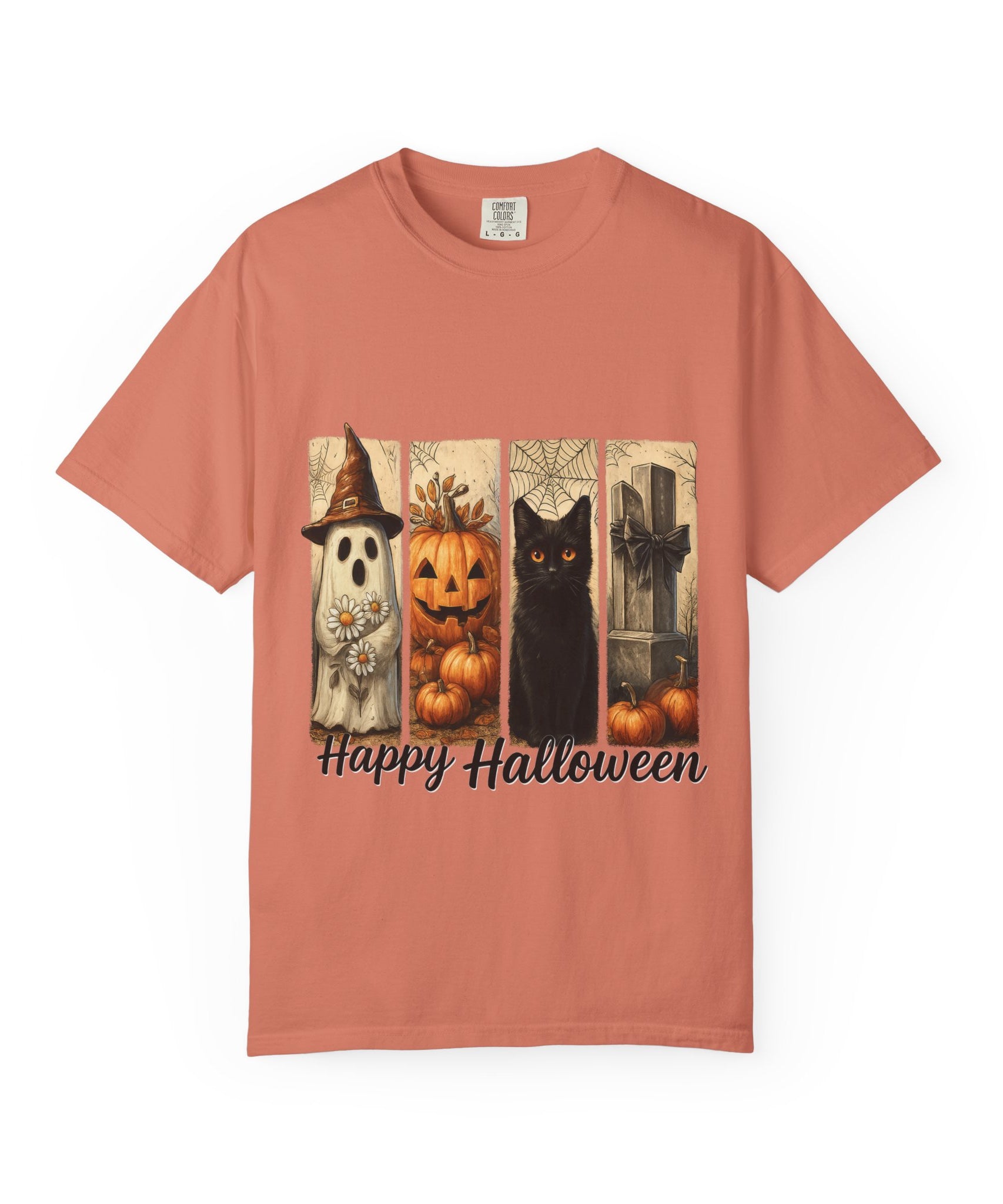 Happy Halloween Unisex T-Shirt – Ghost, Black Cat & Pumpkin Graphic Tee - Gallory Hive