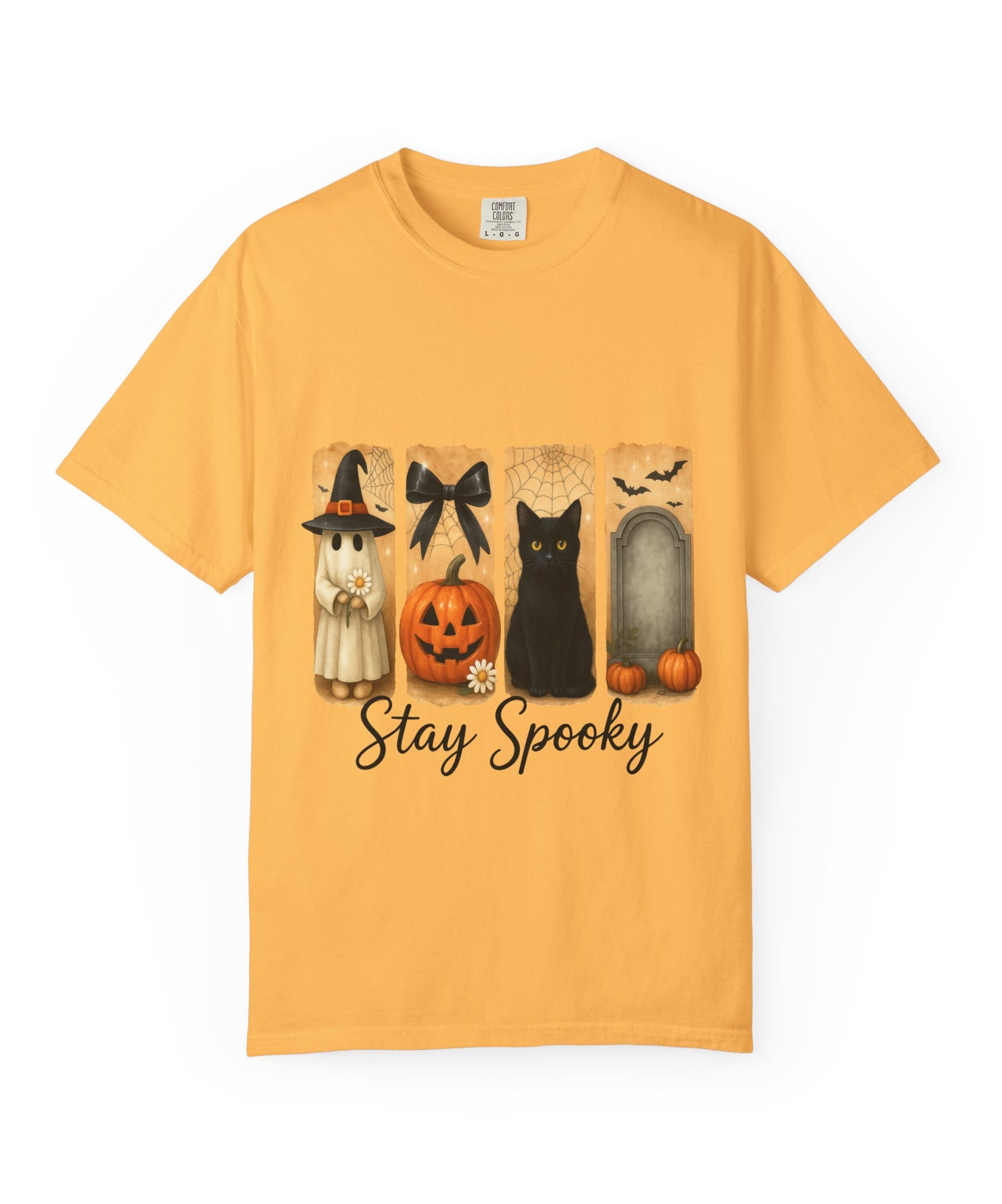 Cute Halloween T-Shirt – Ghost in Witch Hat, Pumpkin, Black Cat & Tombstone Design - Gallory Hive