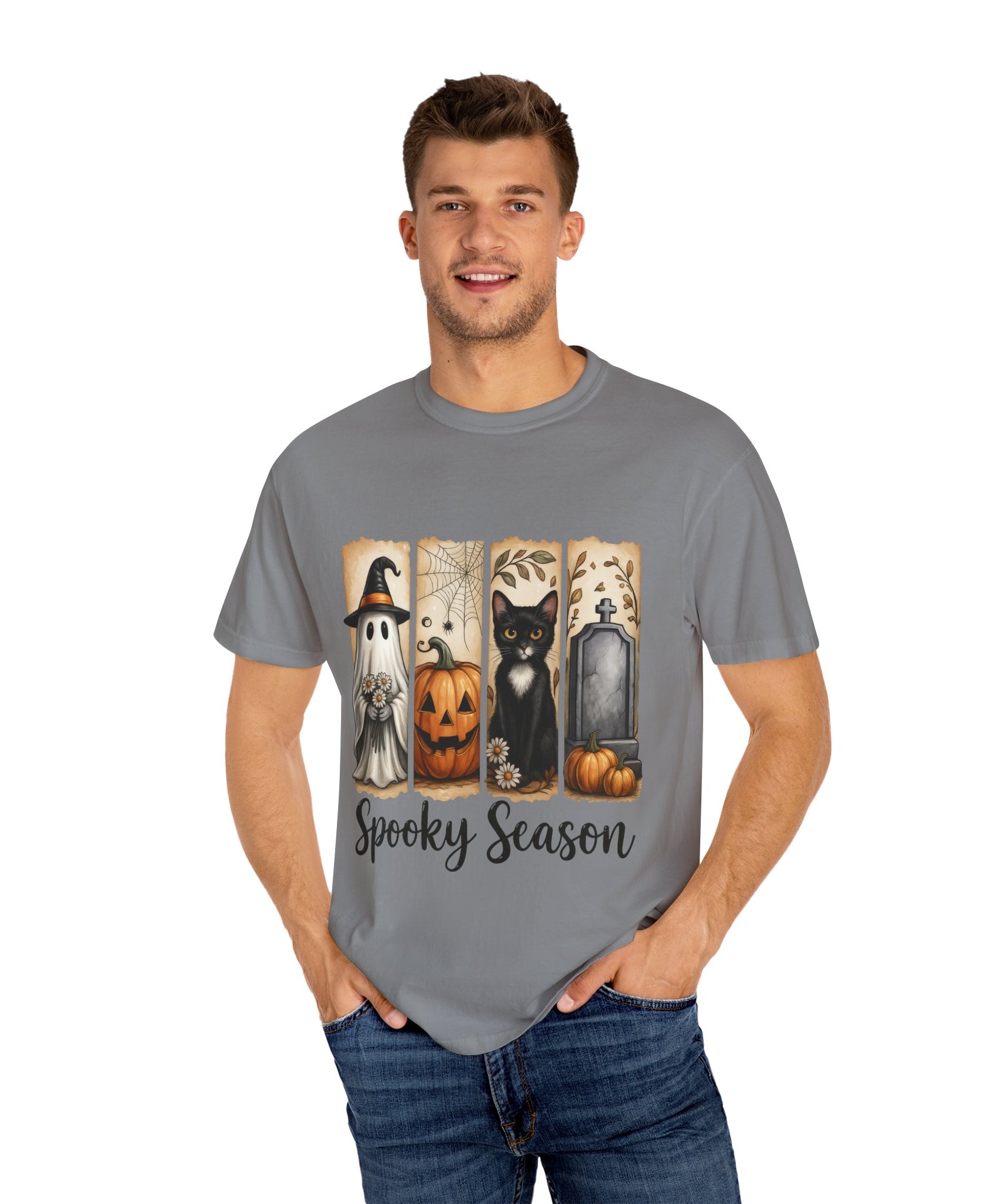 Spooky Season Halloween Unisex T-Shirt – Ghost, Cat & Pumpkin Design - Gallory Hive