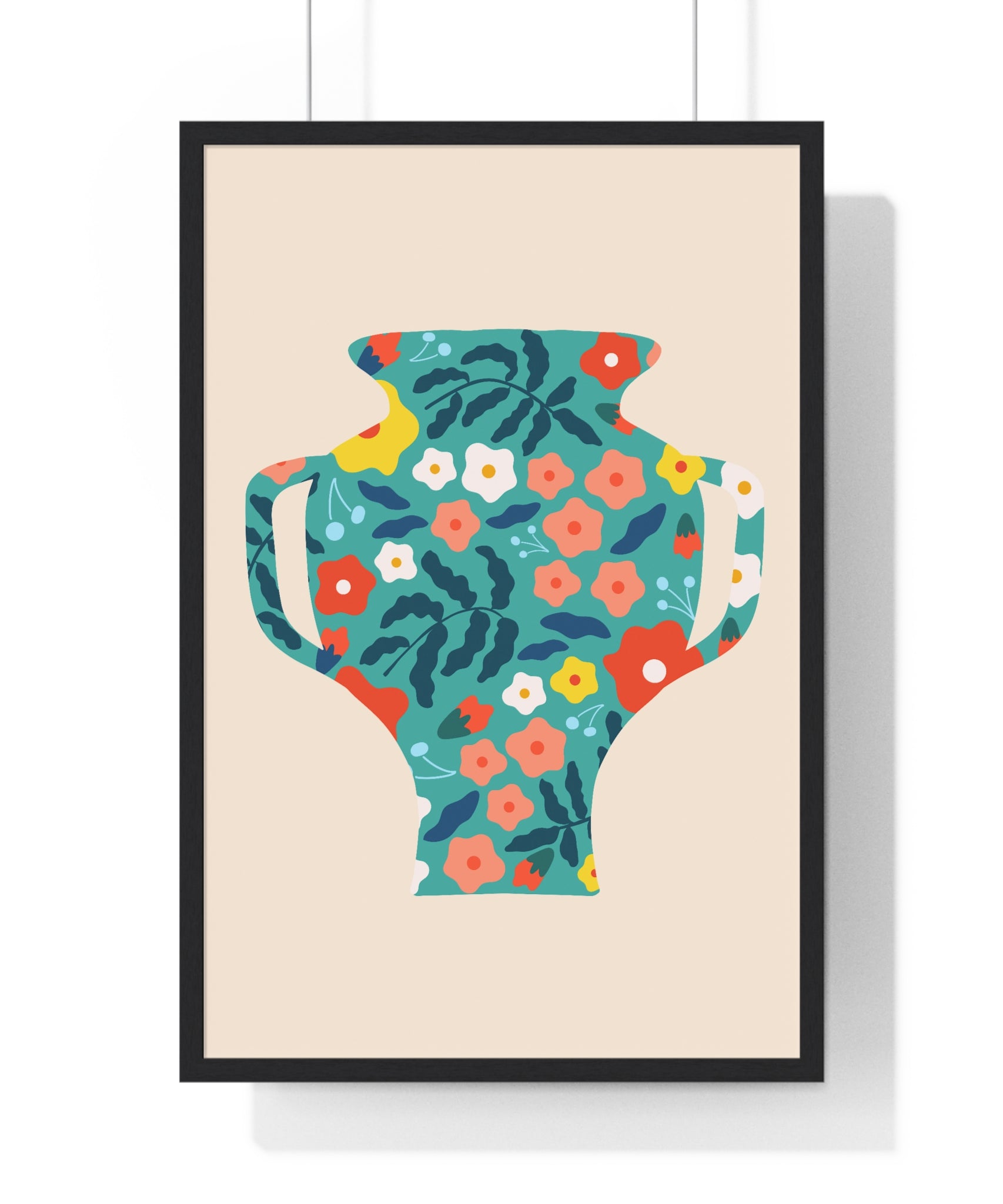 Vibrant Tropical Plant Pot Art on Blue Grid in Premium Frame