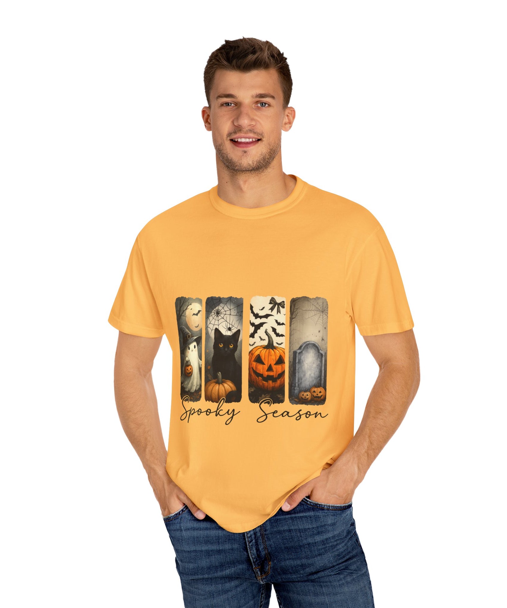 Halloween Night Unisex T-Shirt – Ghost, Black Cat, Pumpkin & Tombstone Vintage Art - Gallory Hive