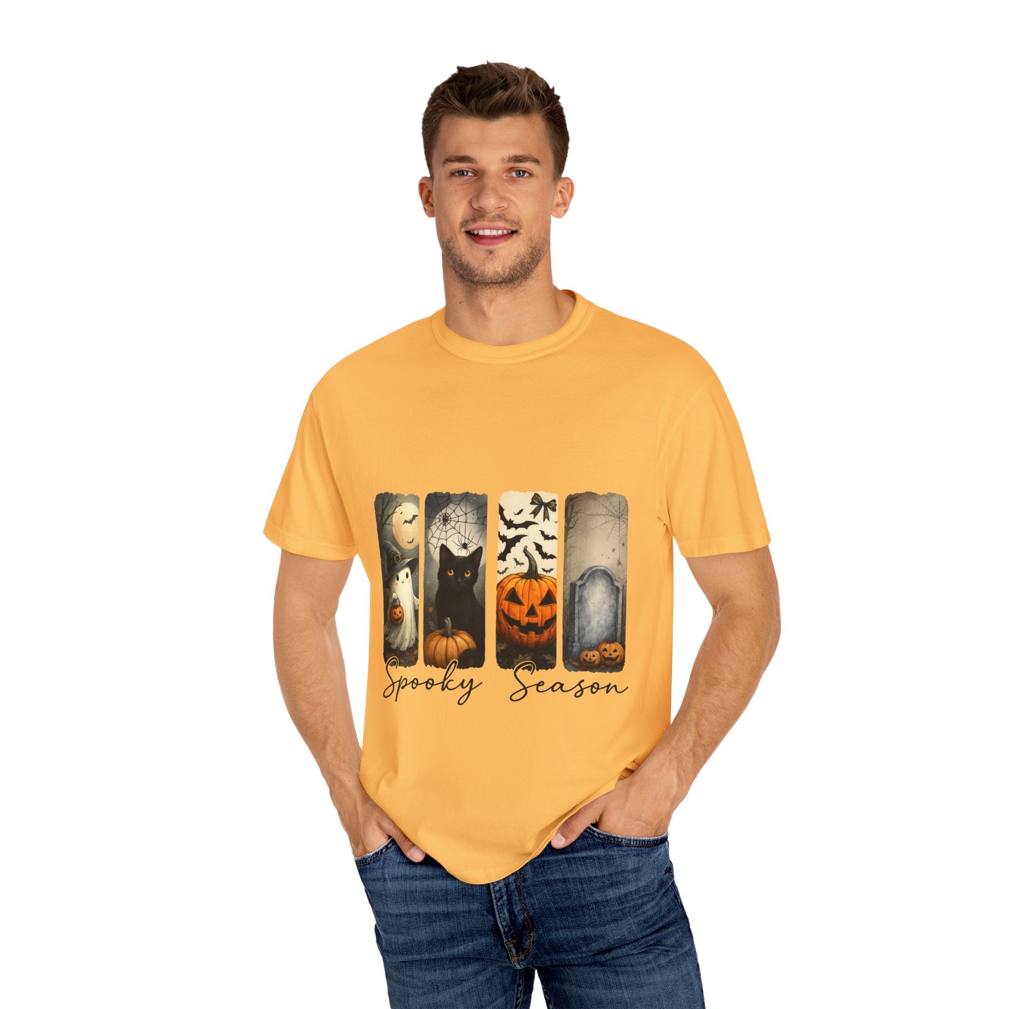 Halloween Night Unisex T-Shirt – Ghost, Black Cat, Pumpkin & Tombstone Vintage Art - Gallory Hive
