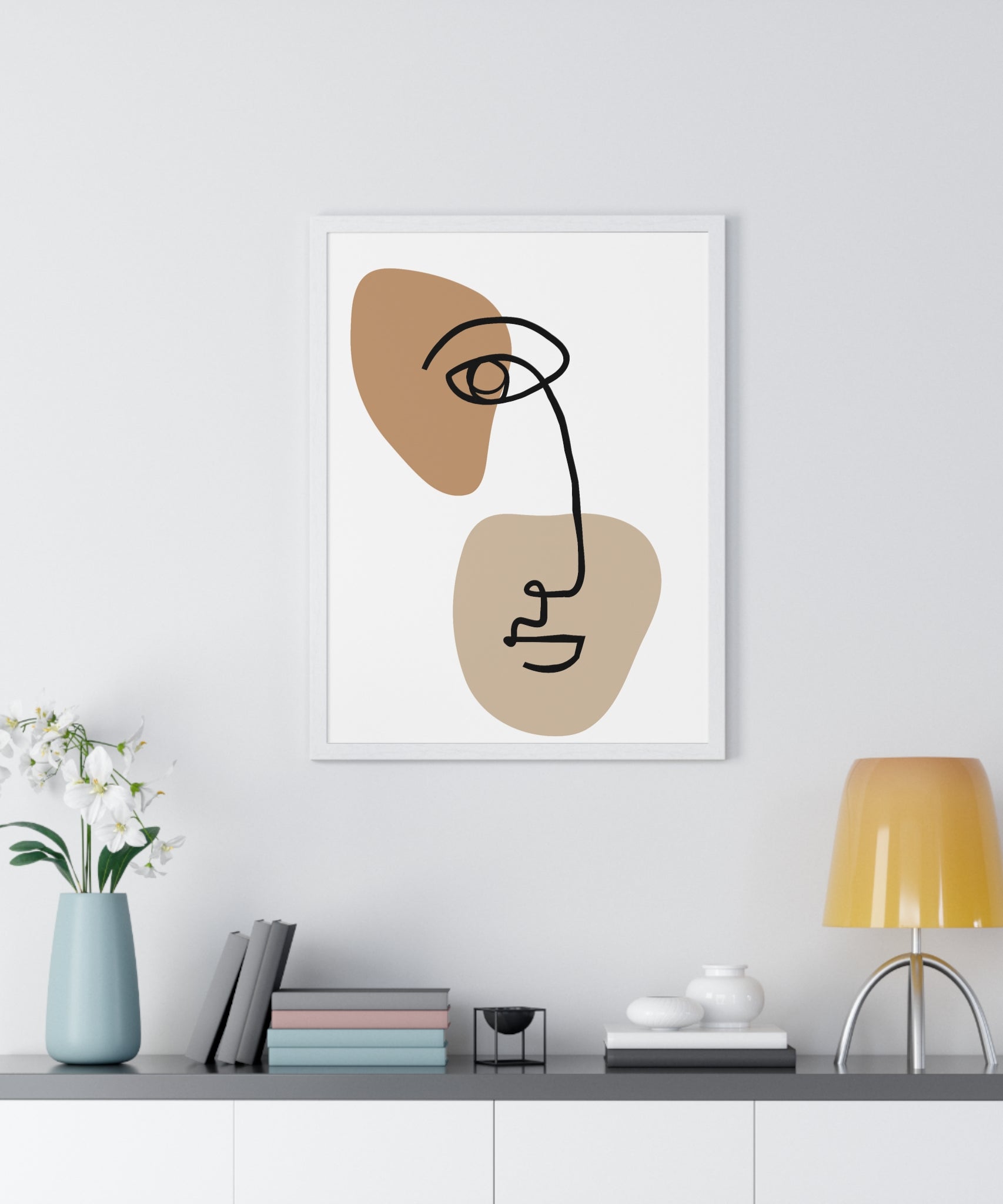 Abstract Face Line Drawing – Wood Frame Poster