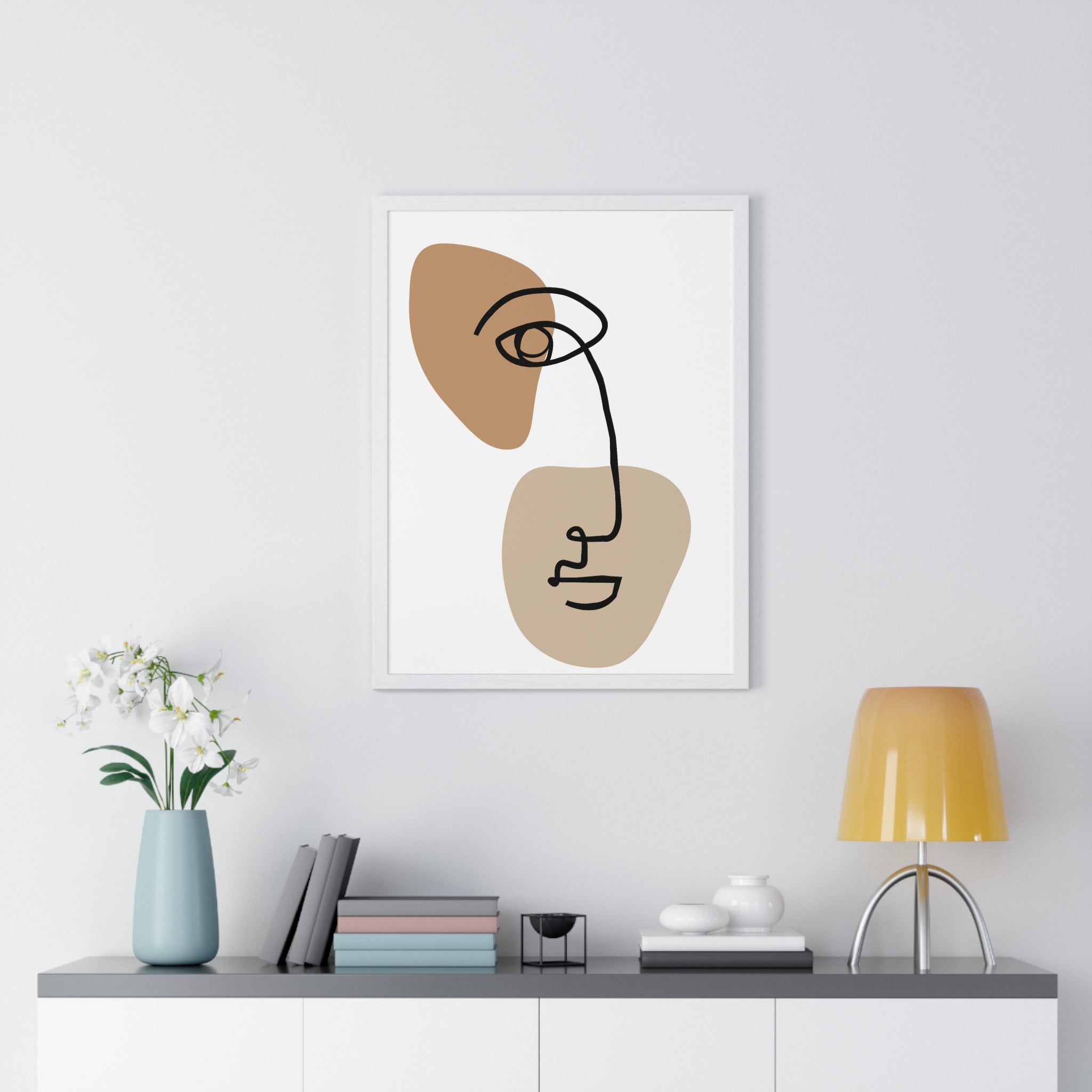 Abstract Face Line Drawing – Wood Frame Poster