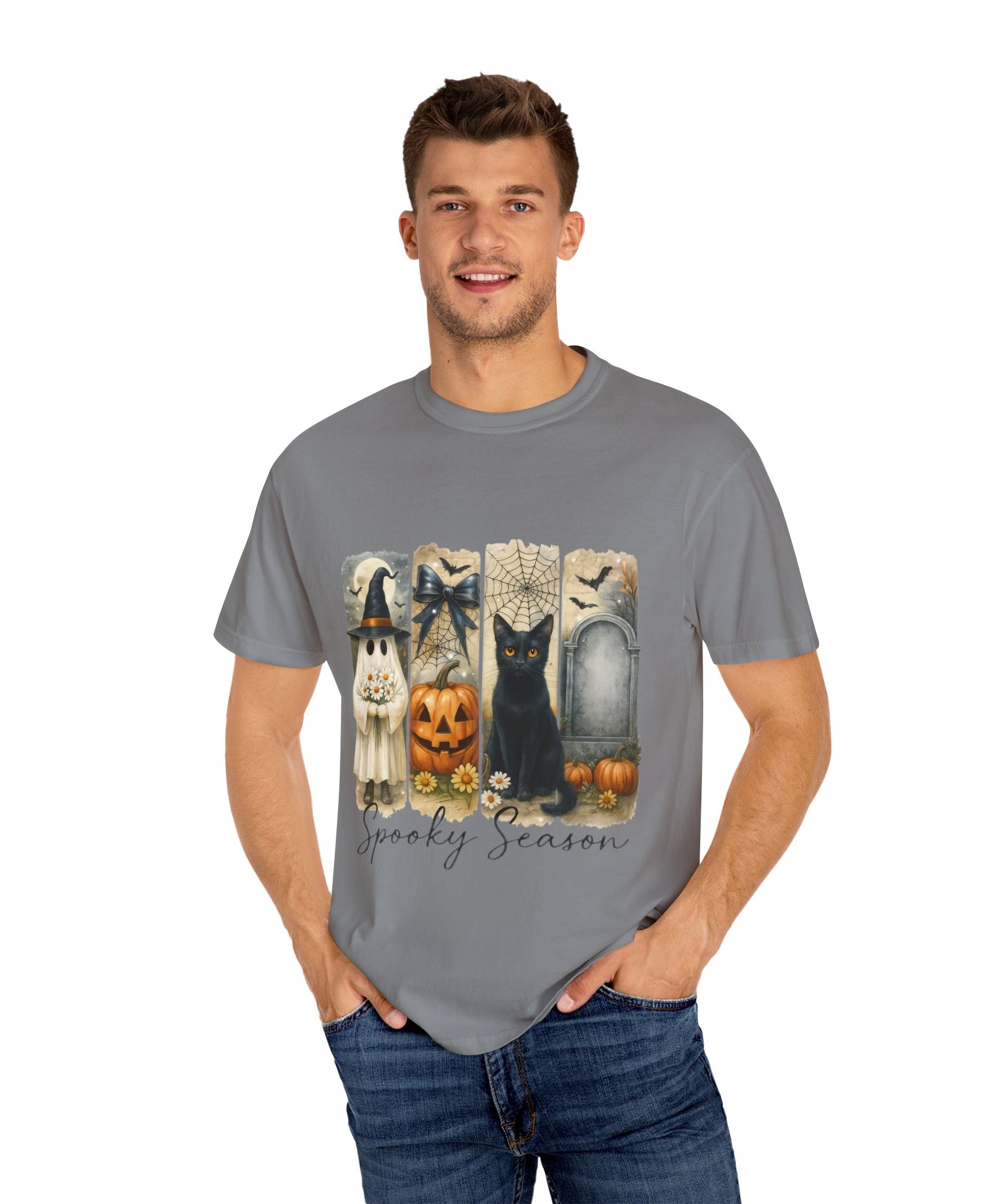 Spooky Season Halloween Unisex T-Shirt – Ghost, Black Cat & Pumpkin Design - Gallory Hive