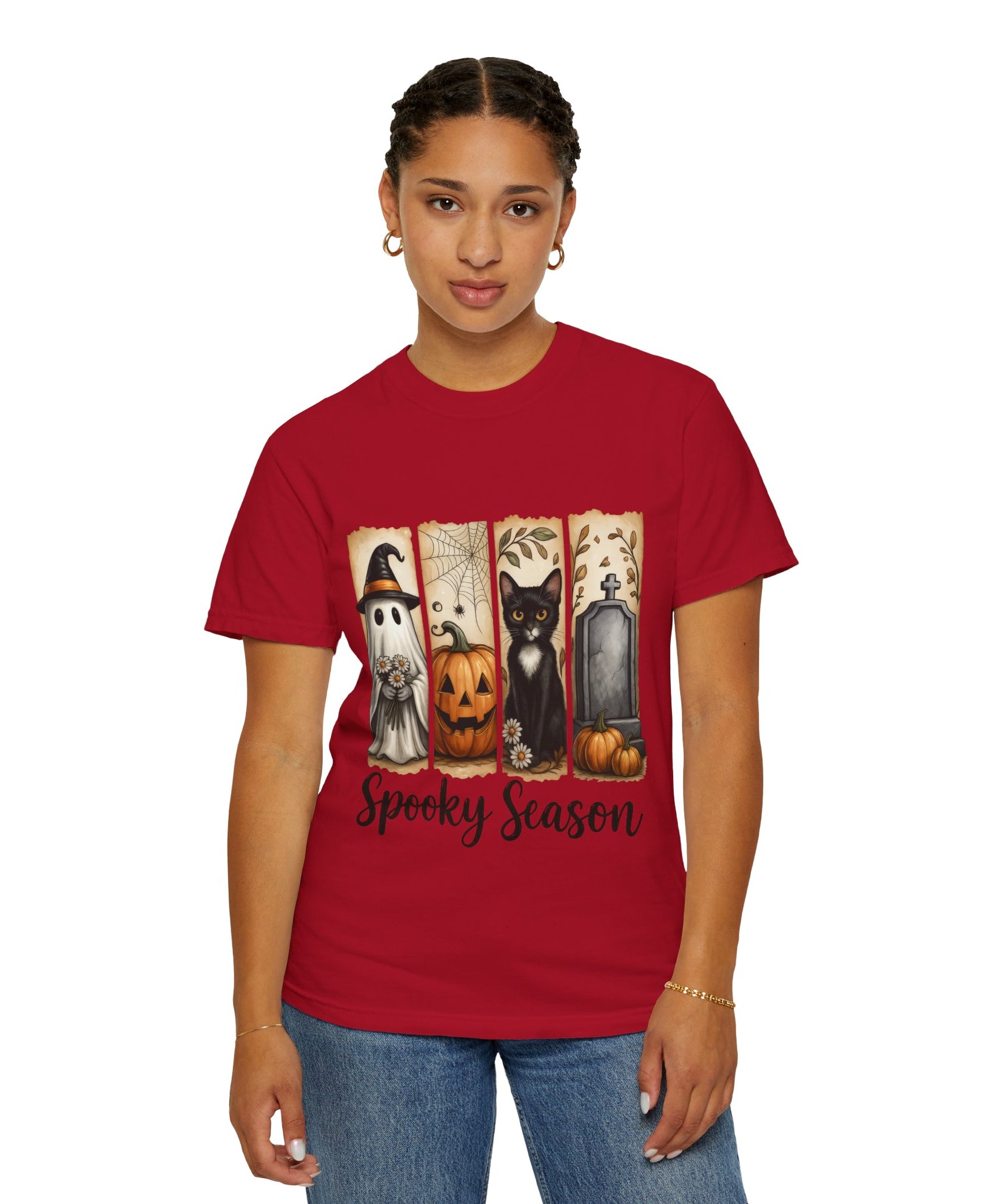 Spooky Season Halloween Unisex T-Shirt – Ghost, Cat & Pumpkin Design - Gallory Hive