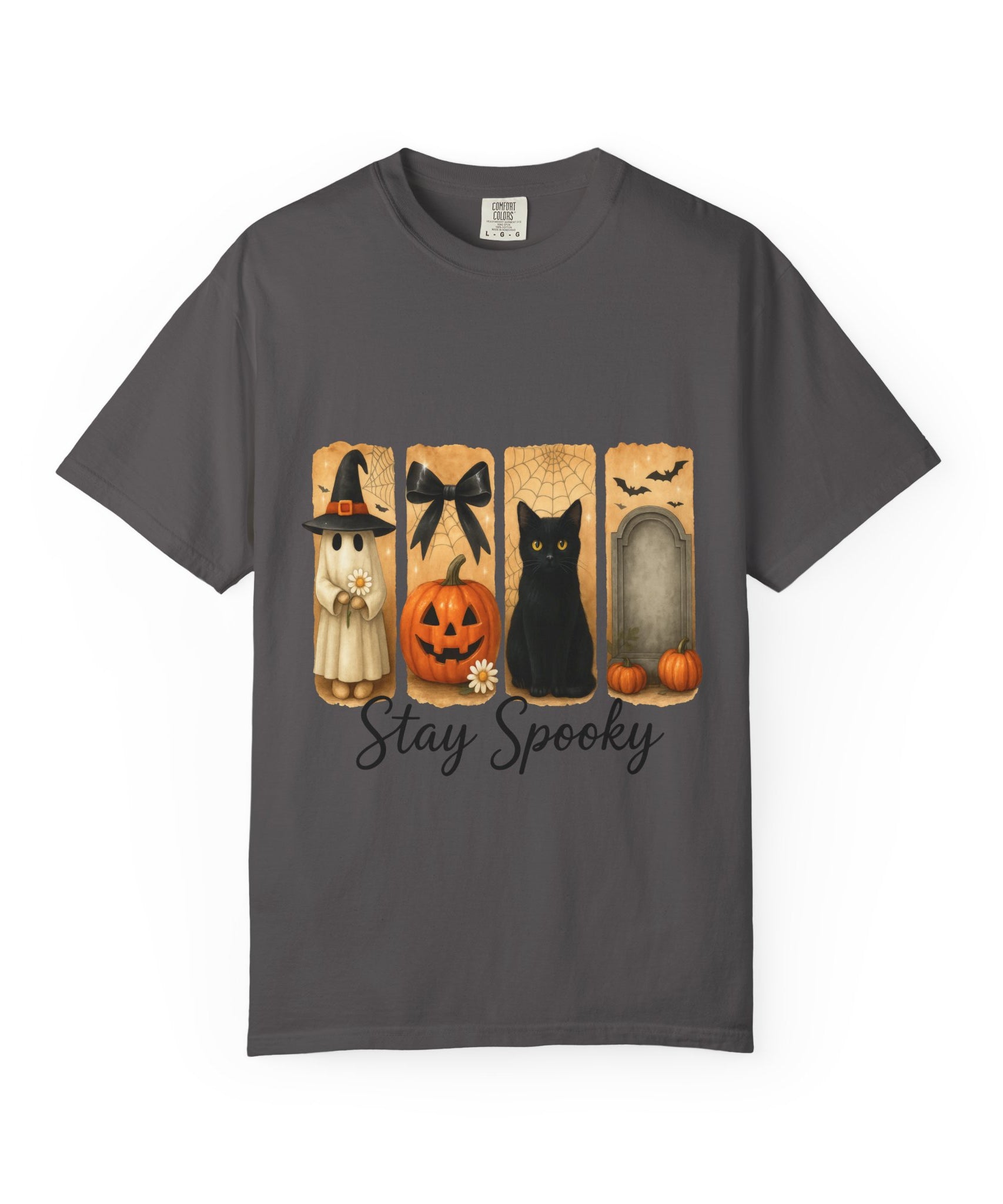 Cute Halloween T-Shirt – Ghost in Witch Hat, Pumpkin, Black Cat & Tombstone Design - Gallory Hive