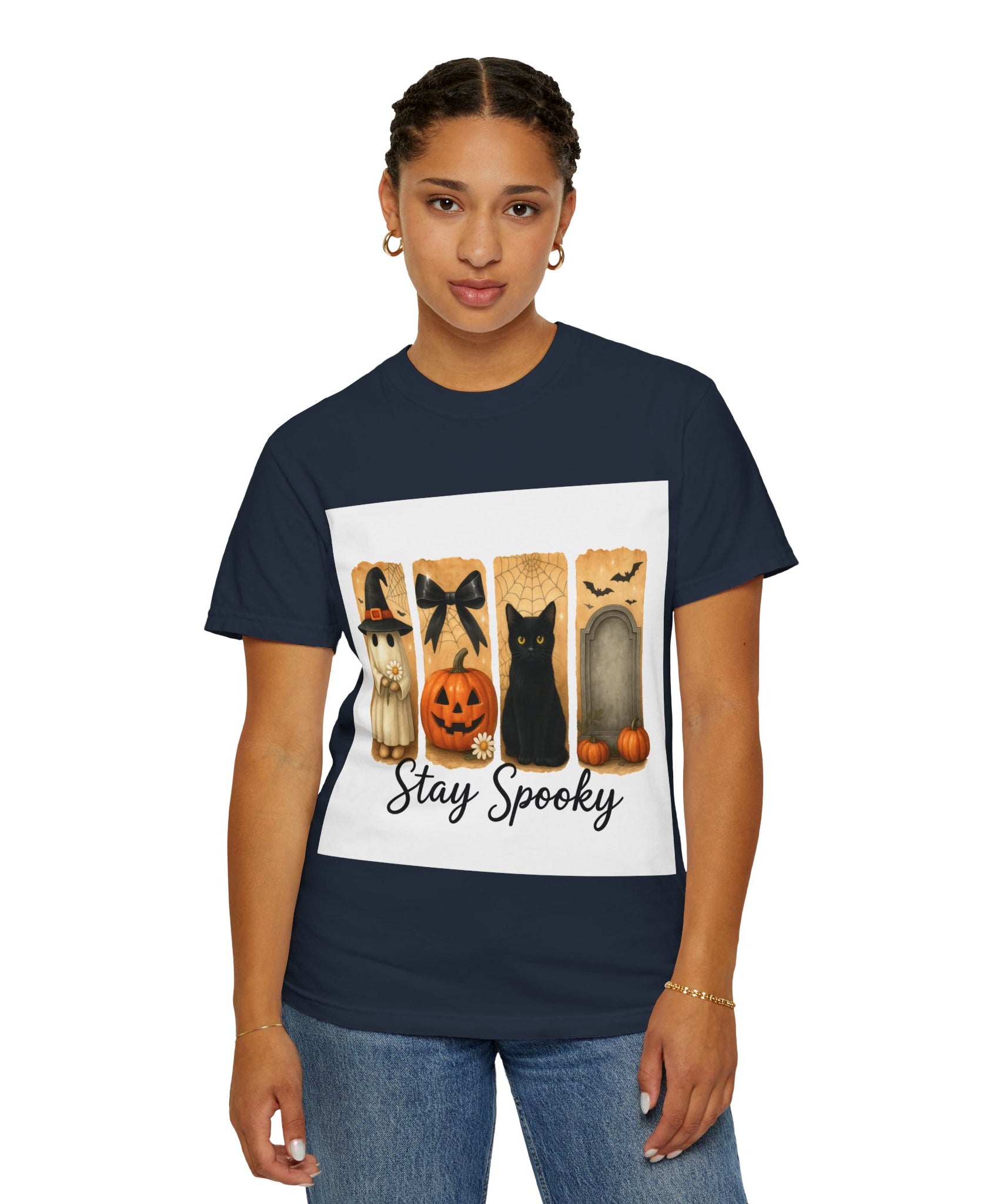 Cute Halloween T-Shirt – Ghost in Witch Hat, Pumpkin, Black Cat & Tombstone Design - Gallory Hive