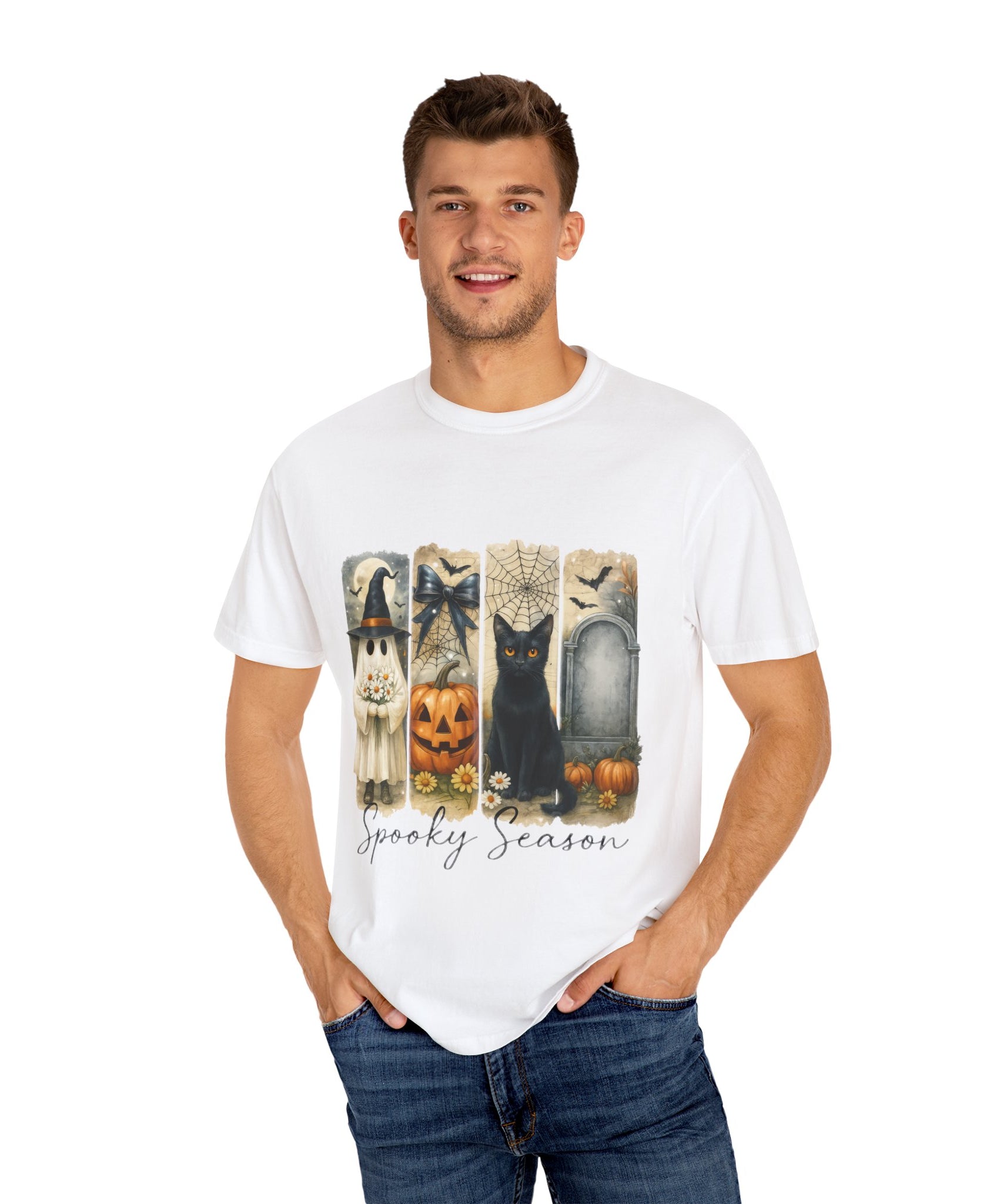 Spooky Season Halloween Unisex T-Shirt – Ghost, Black Cat & Pumpkin Design - Gallory Hive