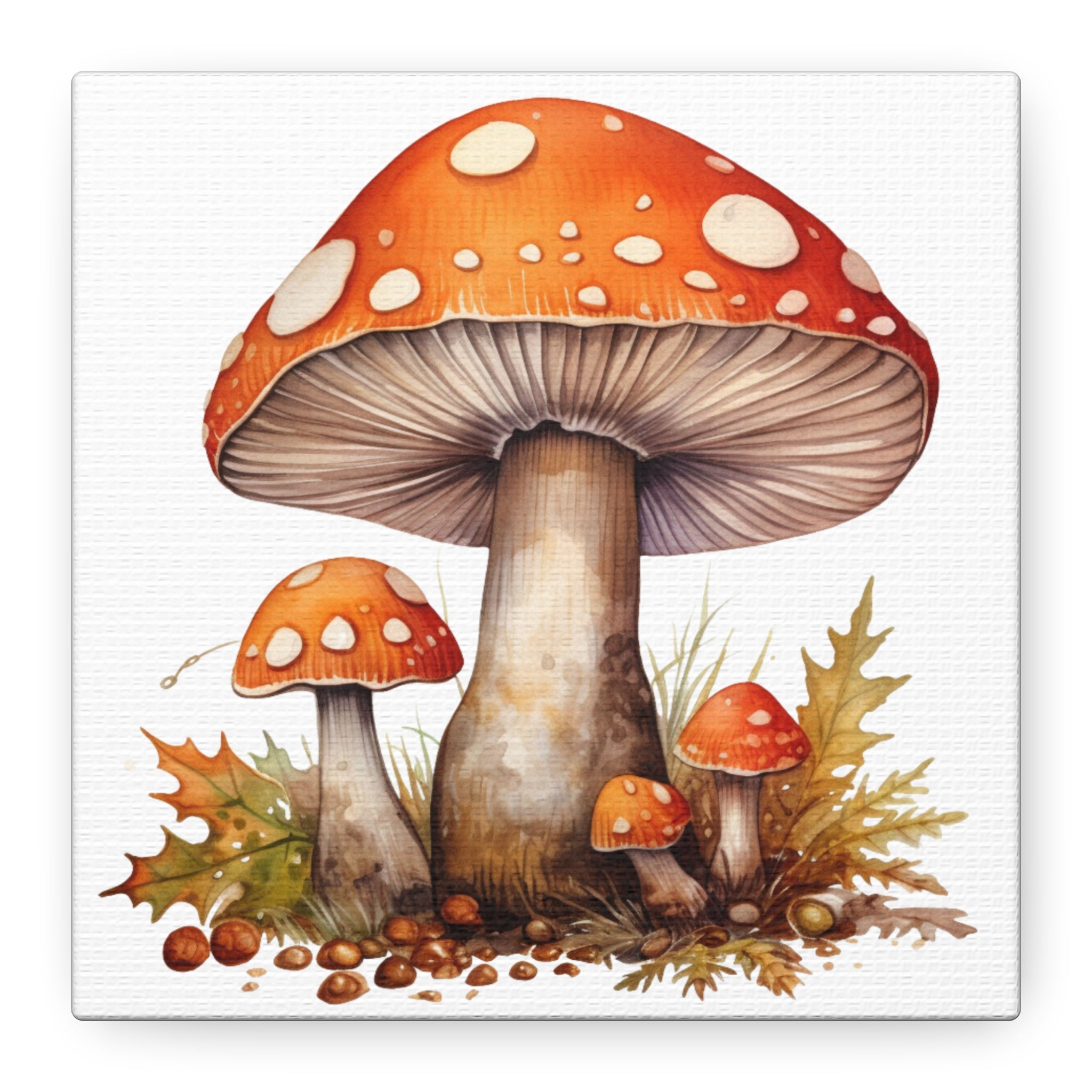 Woodland Wonders – Amanita Muscaria Mushroom Illustration on Floral Canvas Wall Art