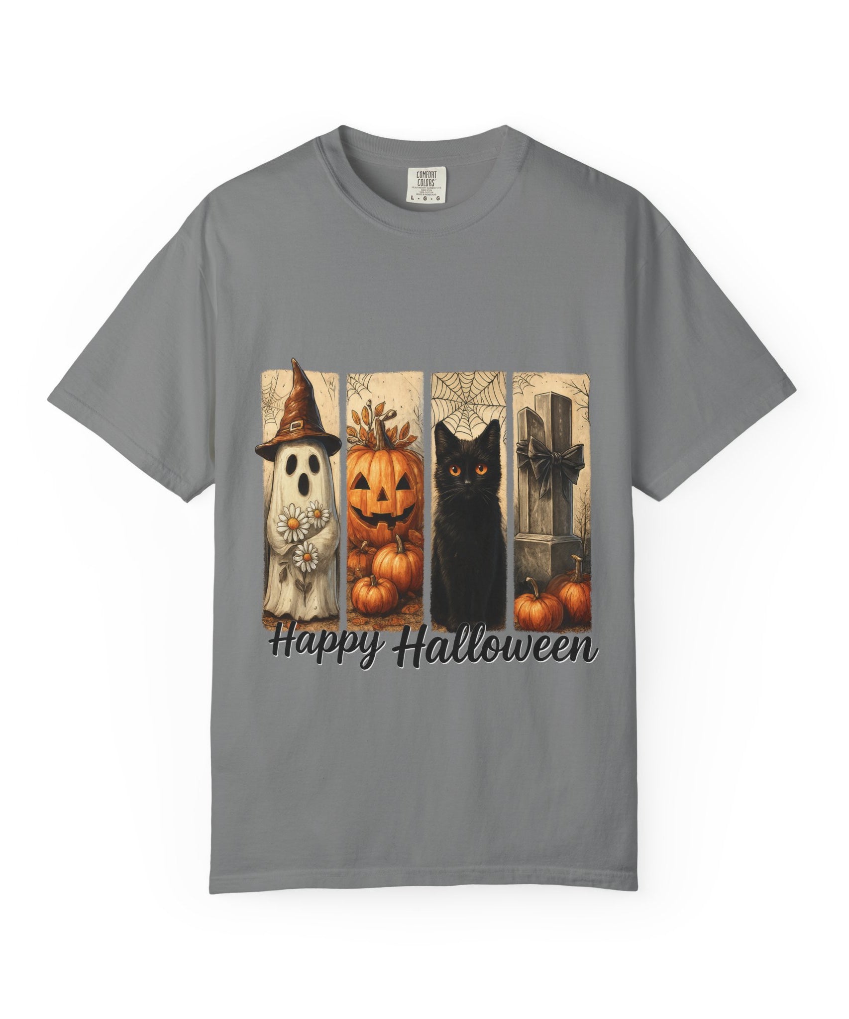 Happy Halloween Unisex T-Shirt – Ghost, Black Cat & Pumpkin Graphic Tee - Gallory Hive