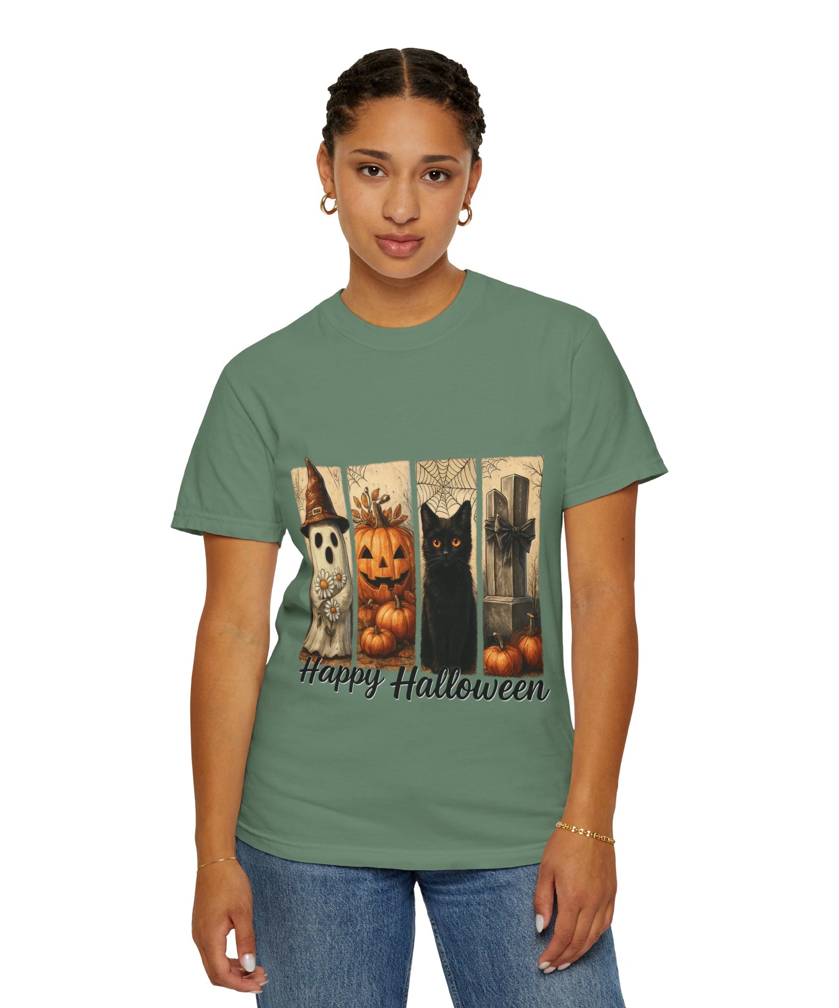 Happy Halloween Unisex T-Shirt – Ghost, Black Cat & Pumpkin Graphic Tee - Gallory Hive