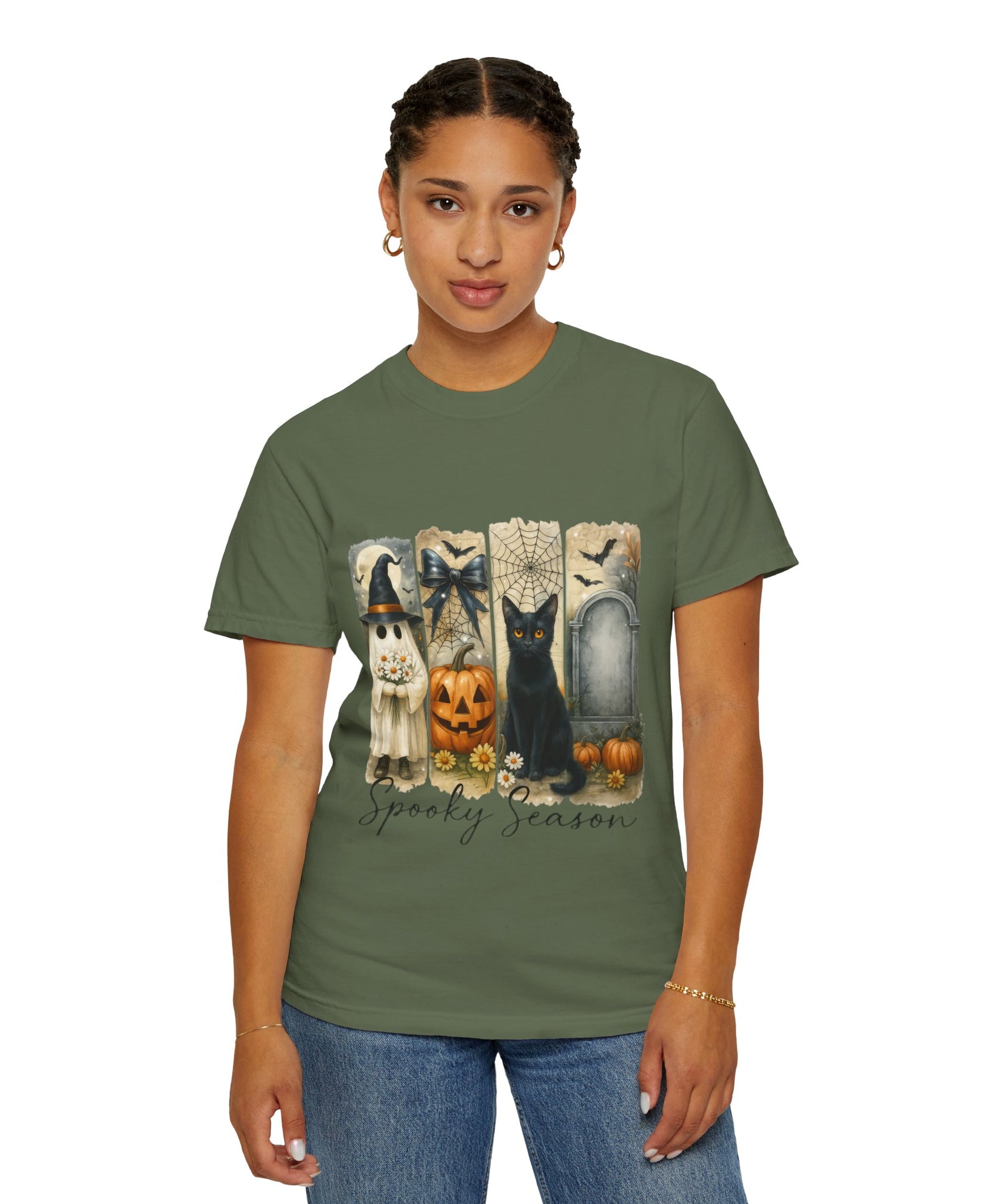 Spooky Season Halloween Unisex T-Shirt – Ghost, Black Cat & Pumpkin Design - Gallory Hive