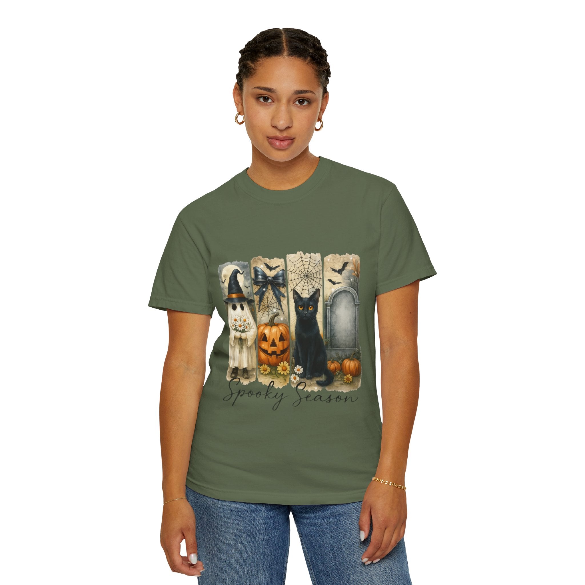 Spooky Season Halloween Unisex T-Shirt – Ghost, Black Cat & Pumpkin Design - Gallory Hive