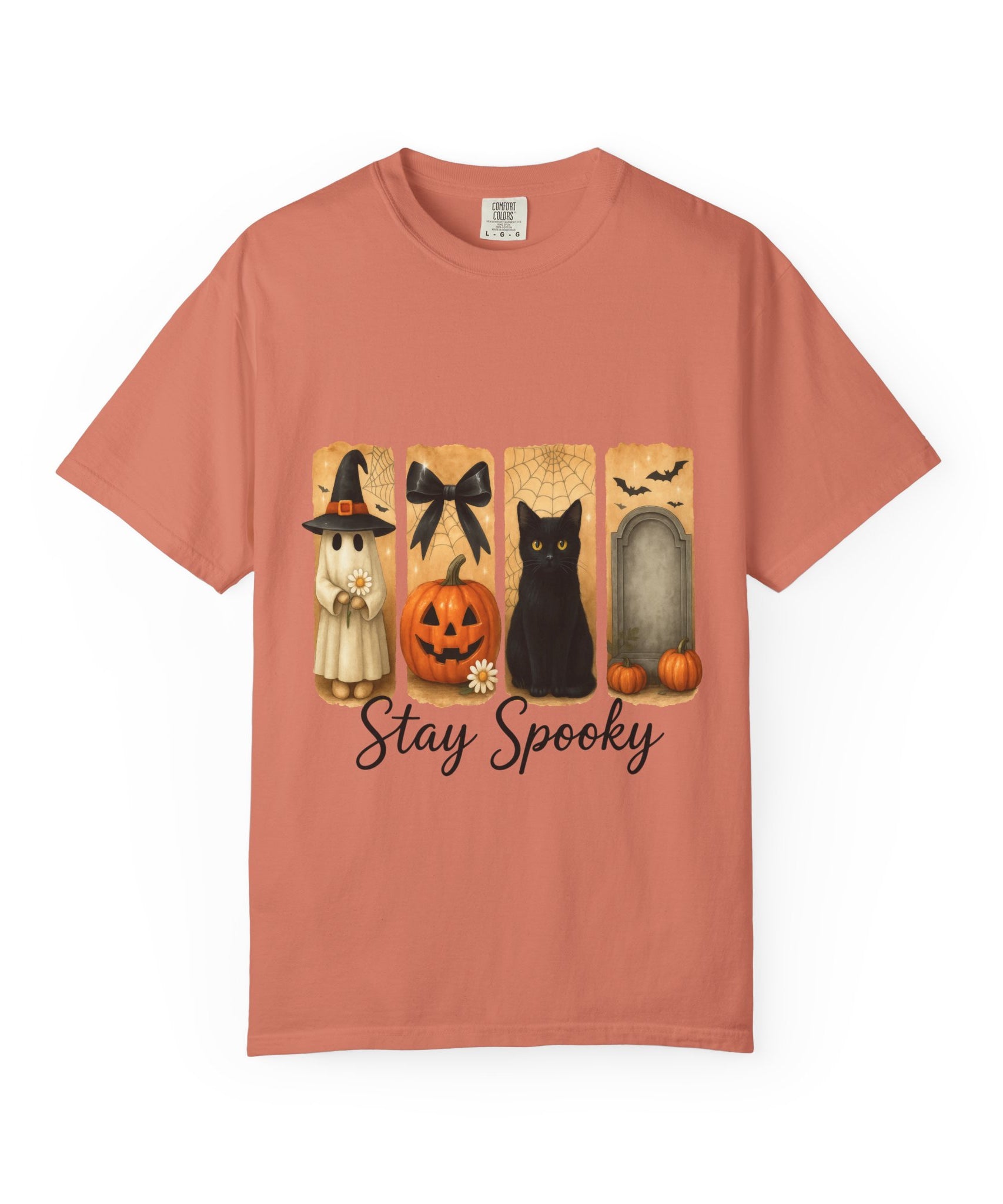 Cute Halloween T-Shirt – Ghost in Witch Hat, Pumpkin, Black Cat & Tombstone Design
