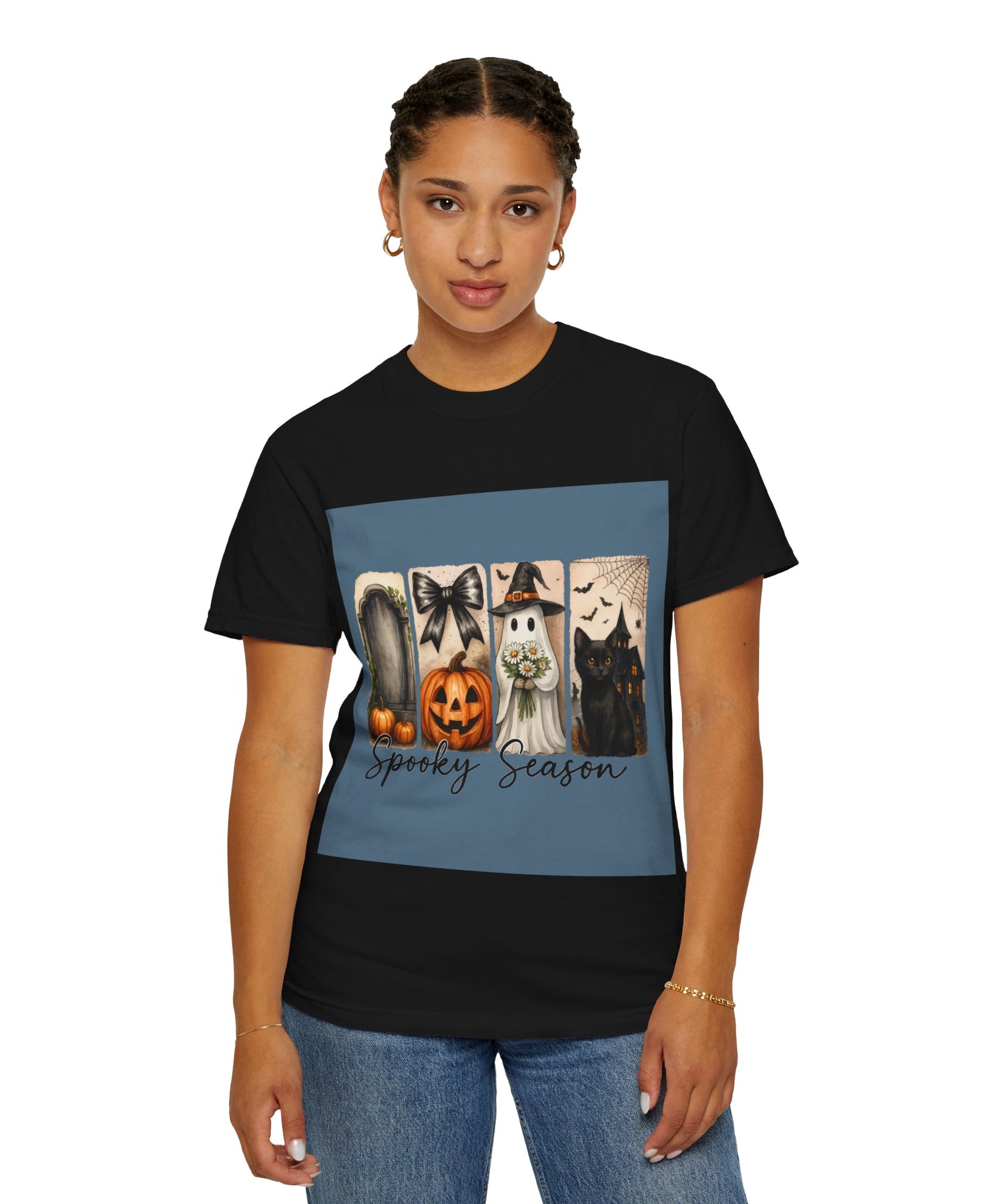 Spooky Season Unisex Halloween T-Shirt – Ghost, Black Cat, Pumpkin & Haunted House Art - Gallory Hive