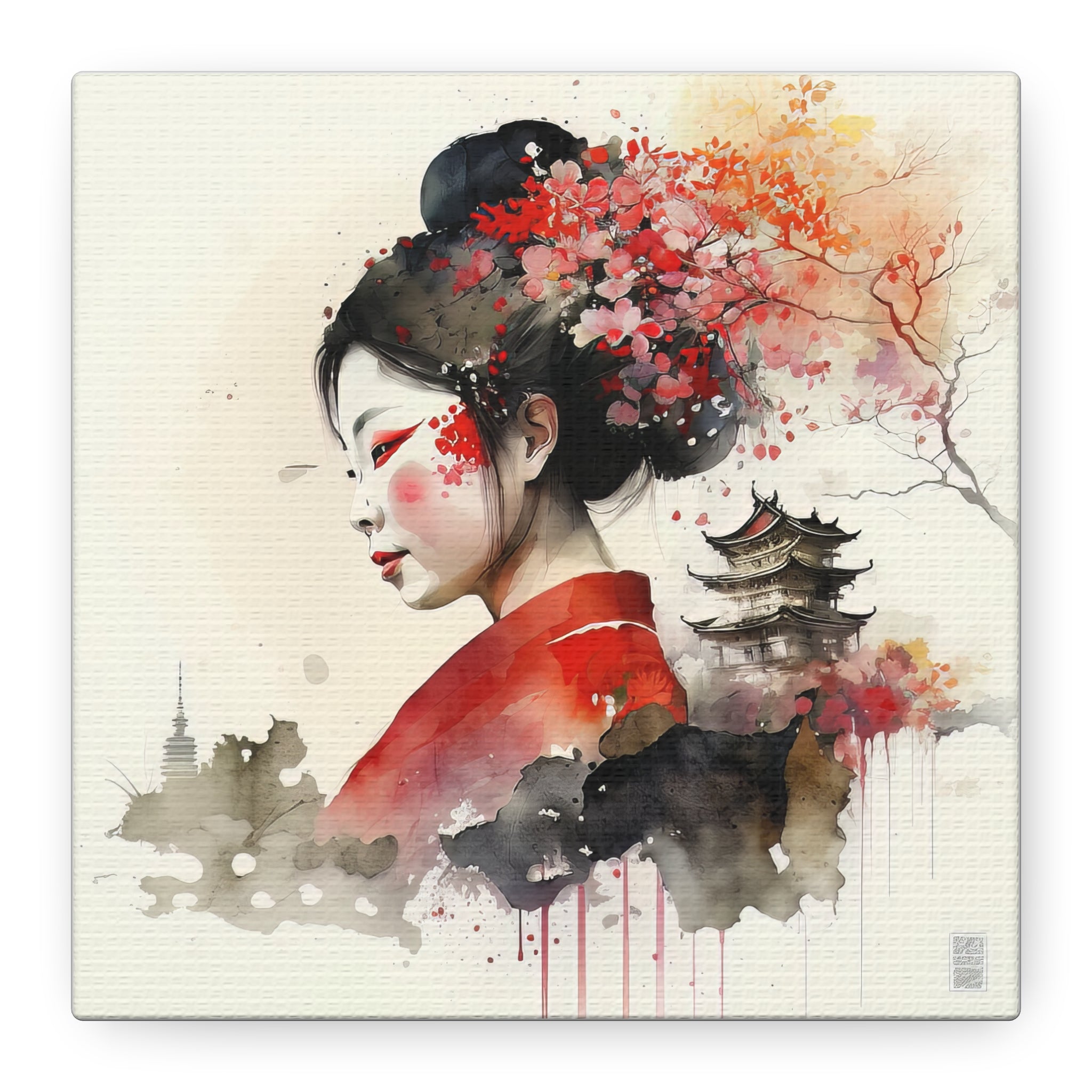 Elegant Geisha Watercolor Art Print – Japanese Woman with Cherry Blossoms & Pagoda, Floral Canvas Print, Asian-Inspired Home Decor - Gallory Hive