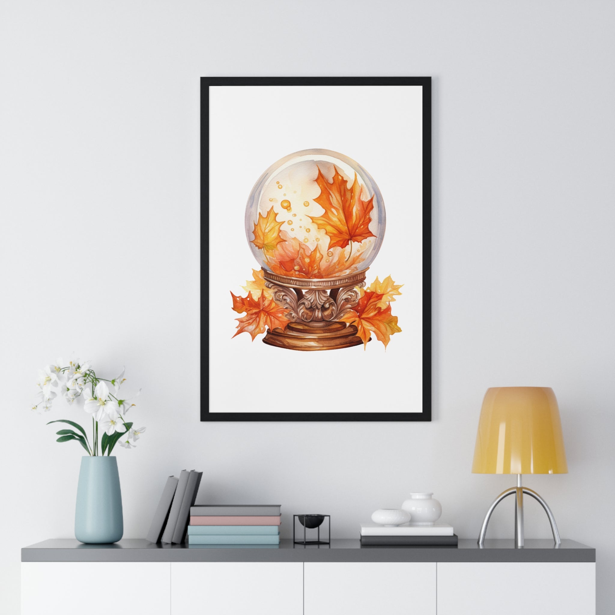 Floating Leaves Snow Globe Wall Art – Ornate Autumn Fantasy Poster | Wooden Frame Seasonal Home Decor