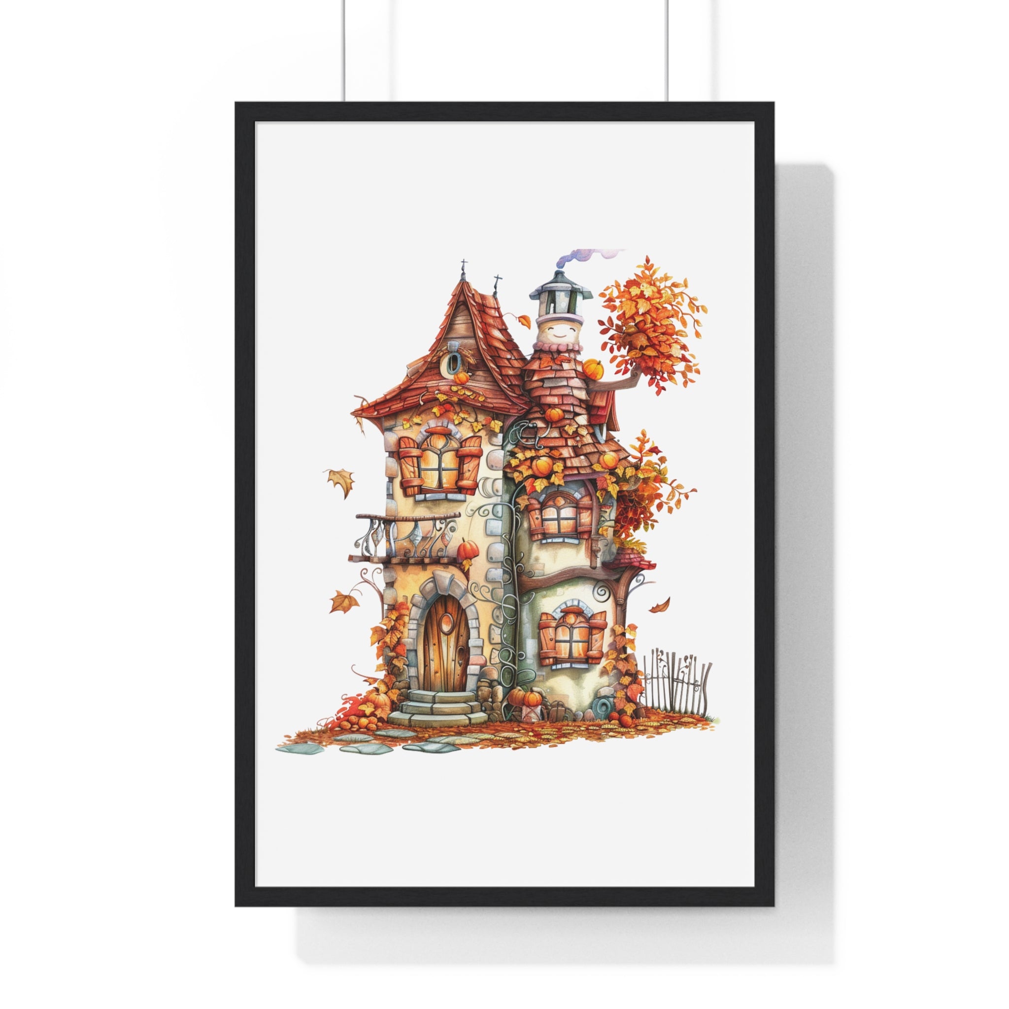 Whimsical Autumn Cottage Wooden Framed Wall Art