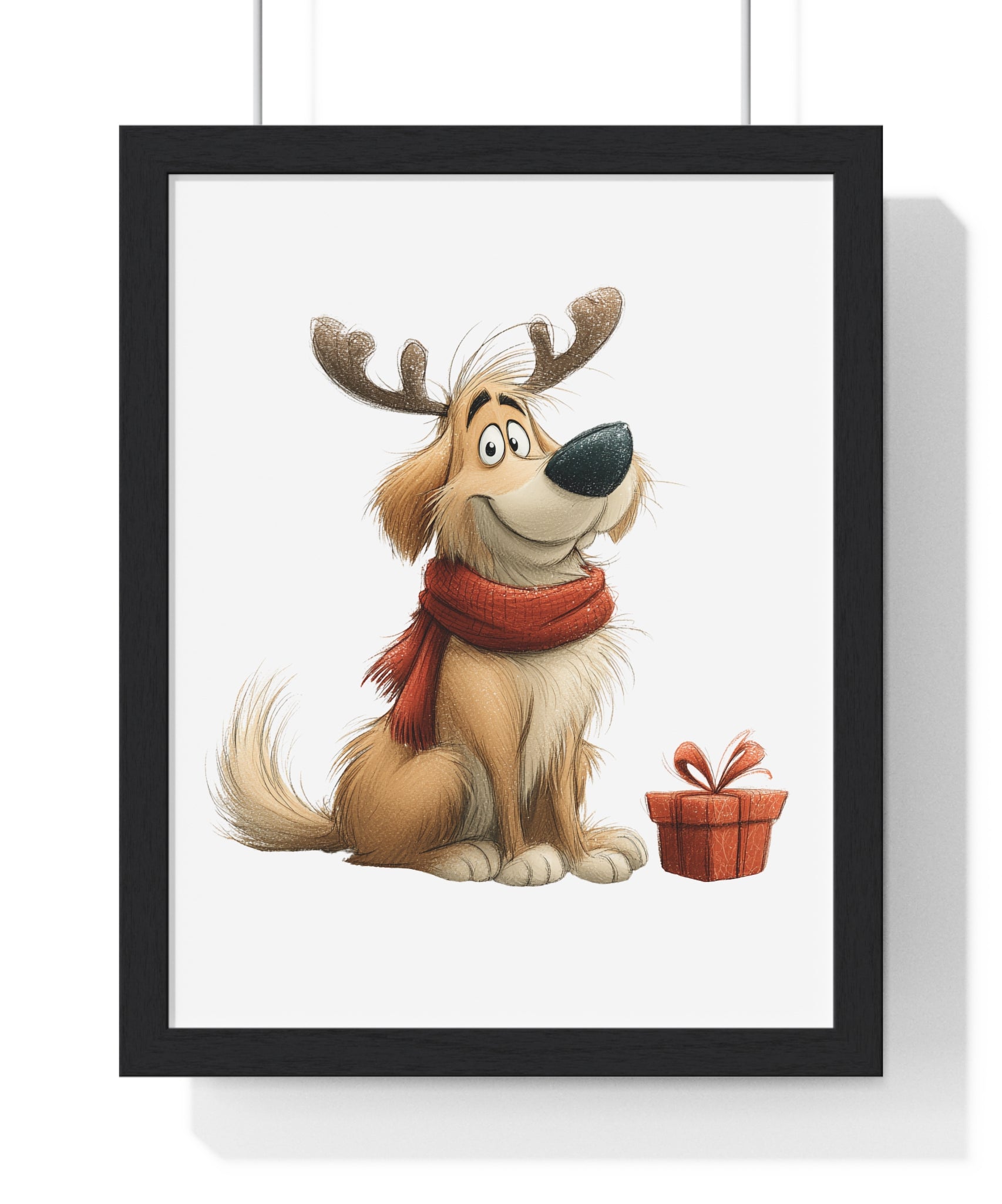 Festive Dog with Antlers & Gift – Wooden Wall Frame Home Decor