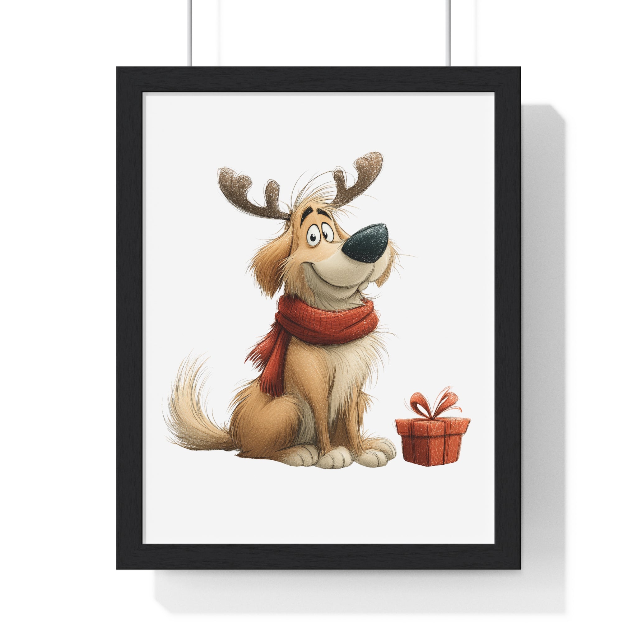 Festive Dog with Antlers & Gift – Wooden Wall Frame Home Decor